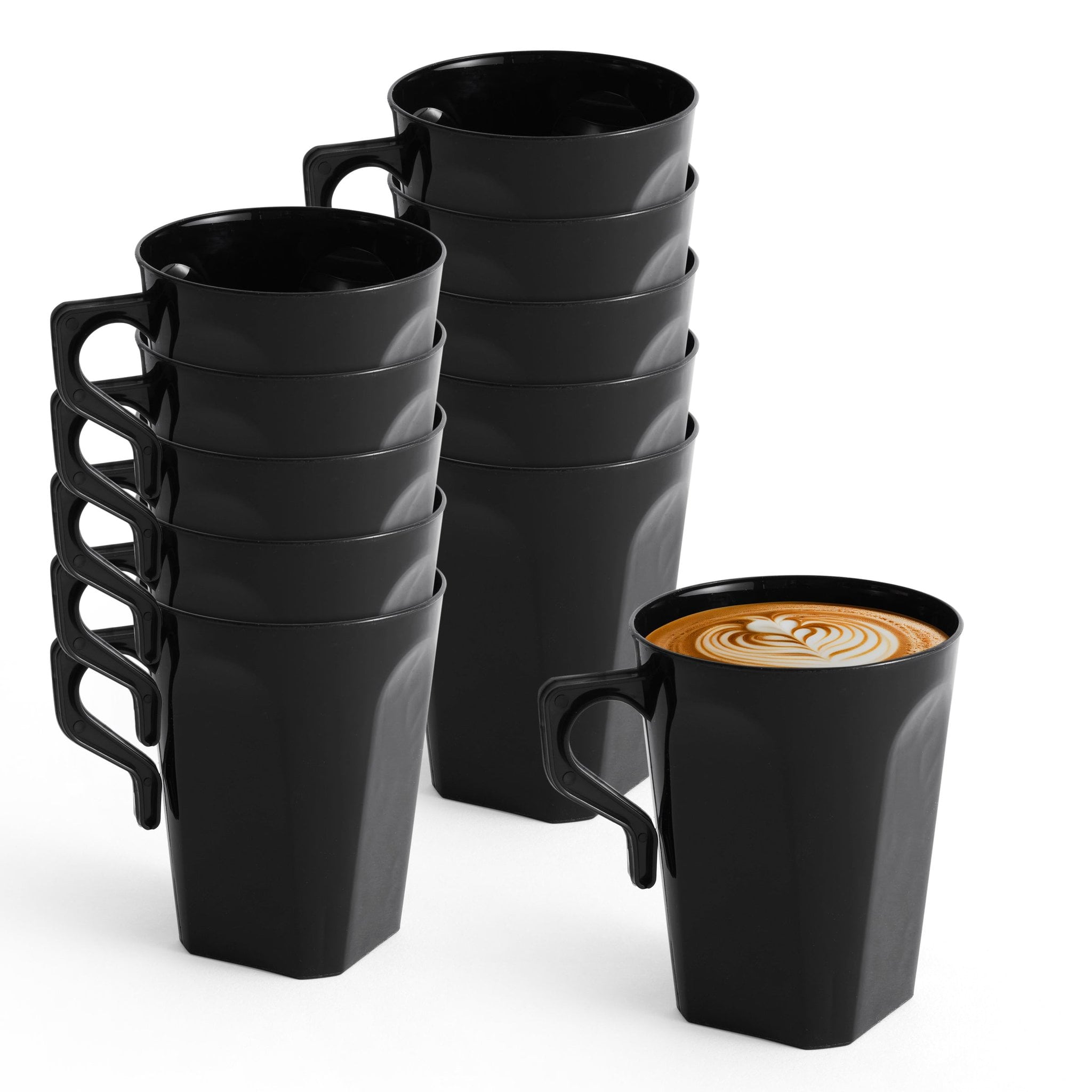 Stapel schwarzer Mehrweg-Kaffeebecher mit Latte Art