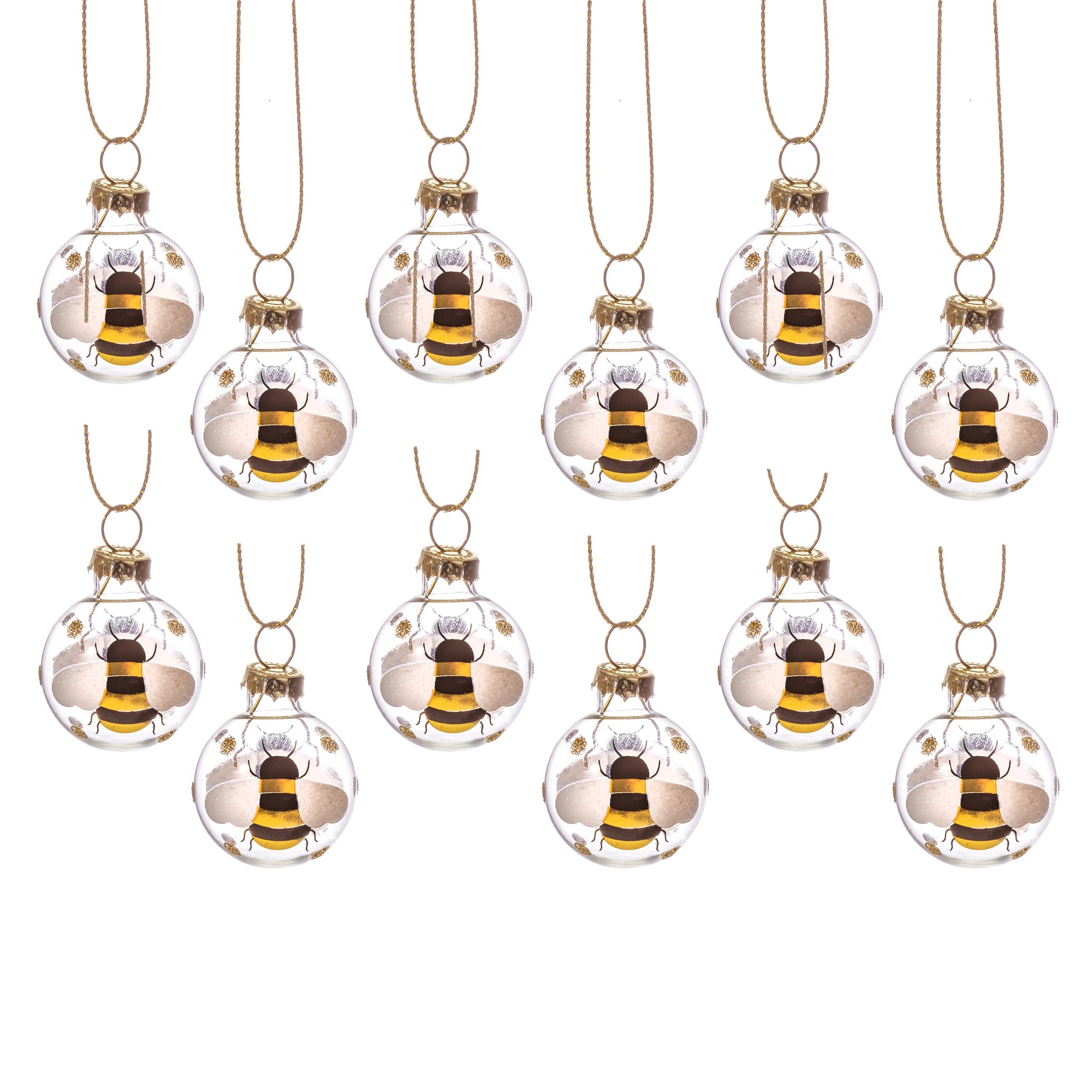 12 Mini-Bienen-Weihnachtskugeln aus Glas mit Bienenmotiv