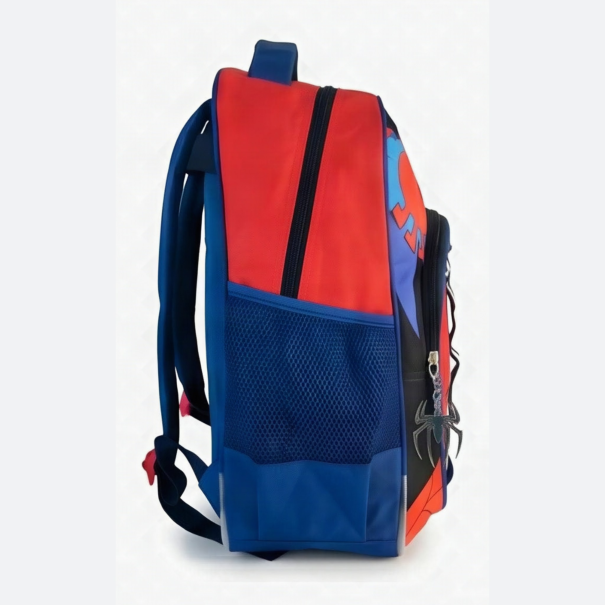 Side view with the blue mesh pocket and the front pocket