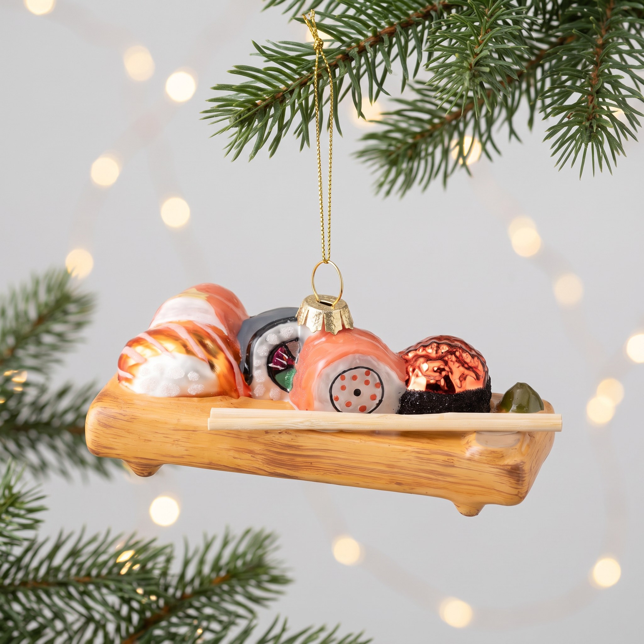 Weihnachtskugel Sushi-Platte aus Glas von Sass & Belle am Tannenzweig mit Lichterglanz