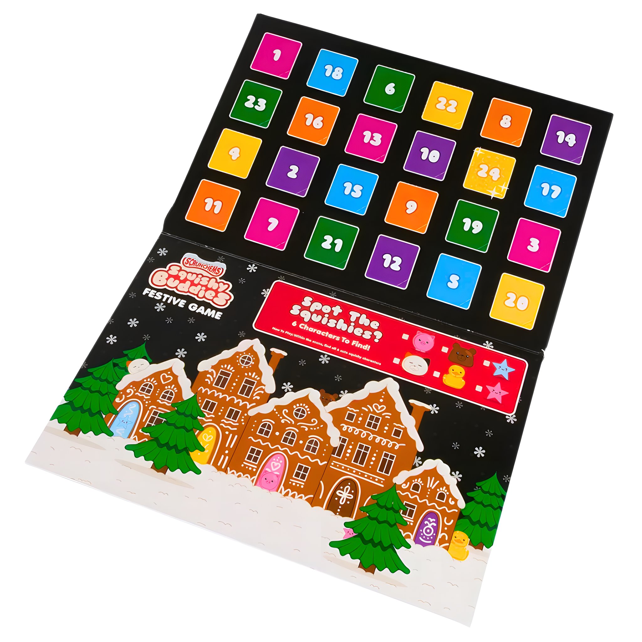 Aufgeklappter Squishy Buddies Adventskalender mit 24 bunten Türchen und Lebkuchen-Dorf