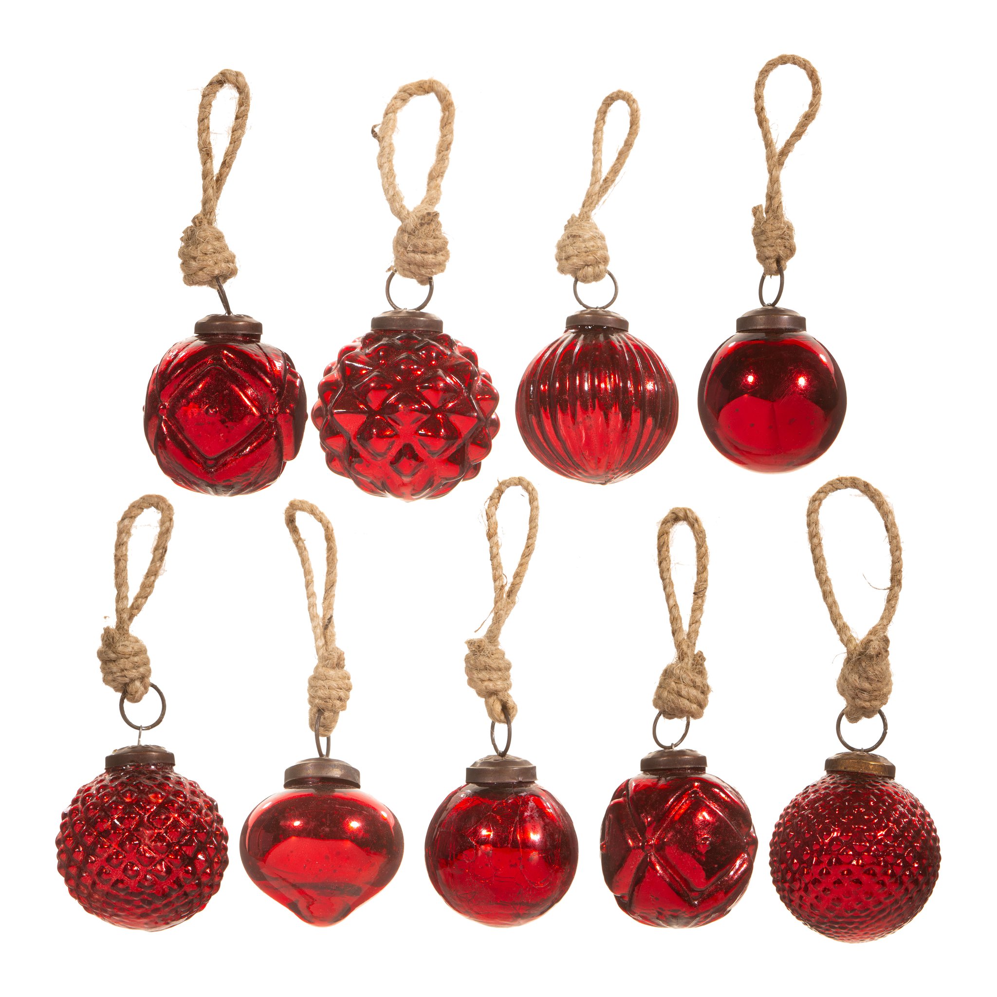 Set de mini boules de Noël rouges Sass & Belle, neuf boules en verre rouge avec boucle en jute, détourées