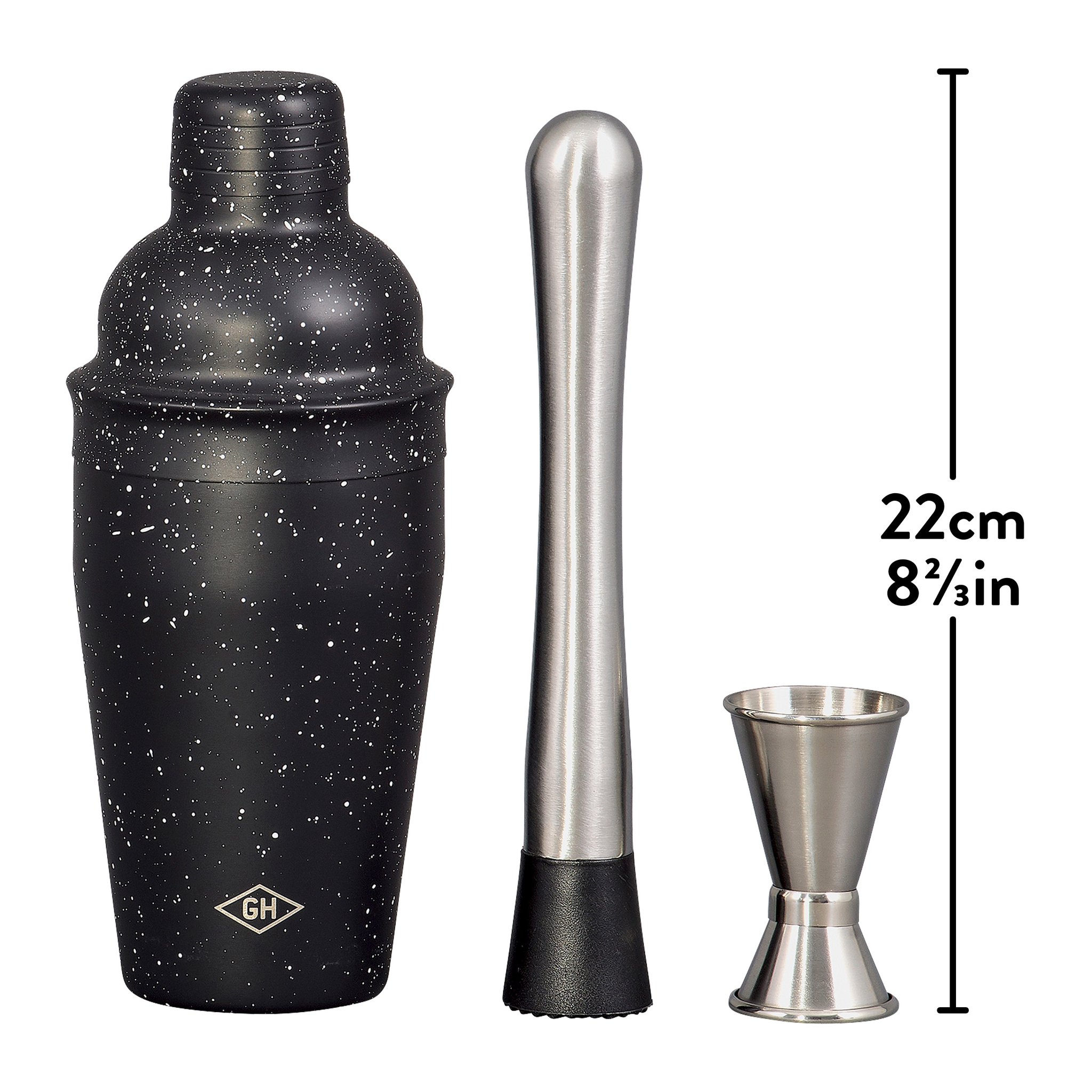The three pieces of the Bartender's Mixology Kit on white: speckled black shaker, steel muddler and jigger