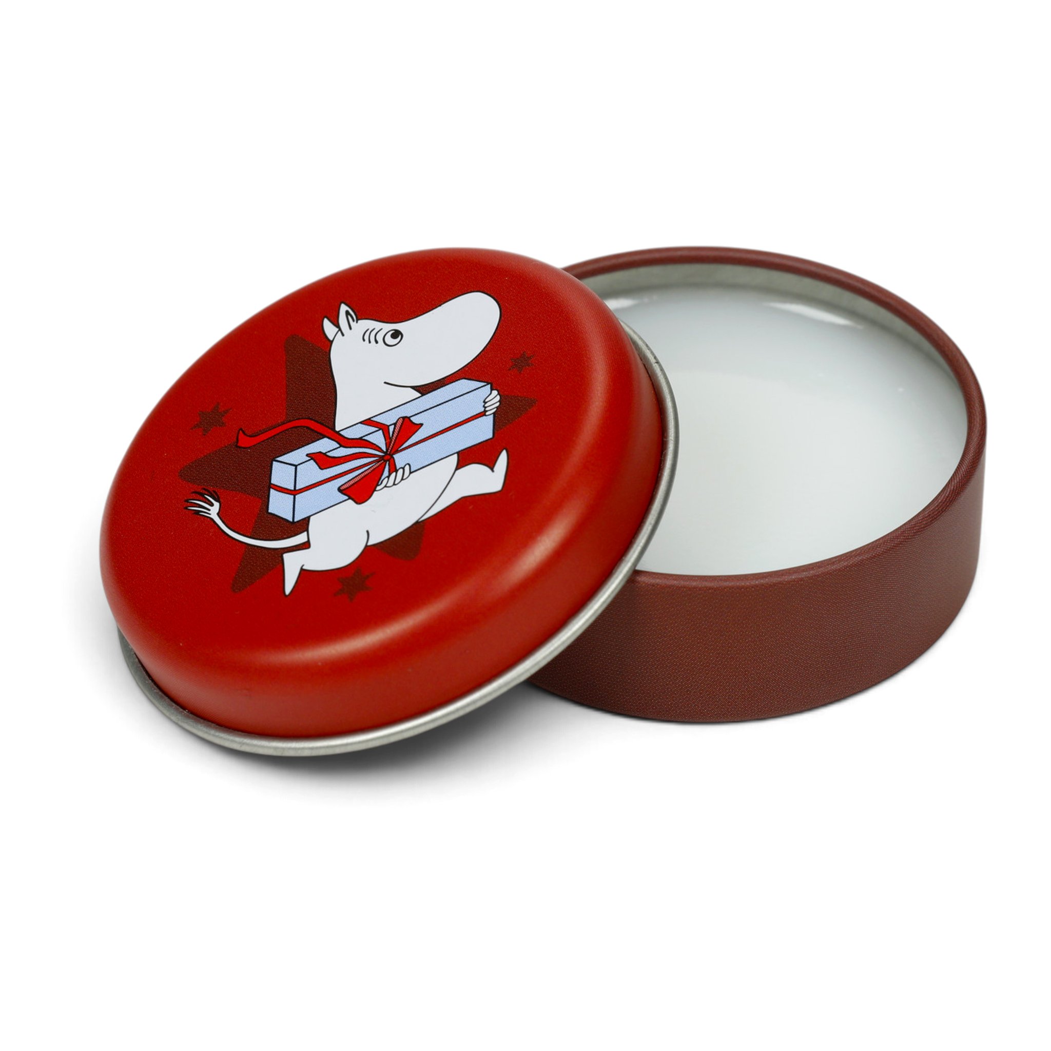 Geöffnete rote Dose mit Mumin und Geschenk