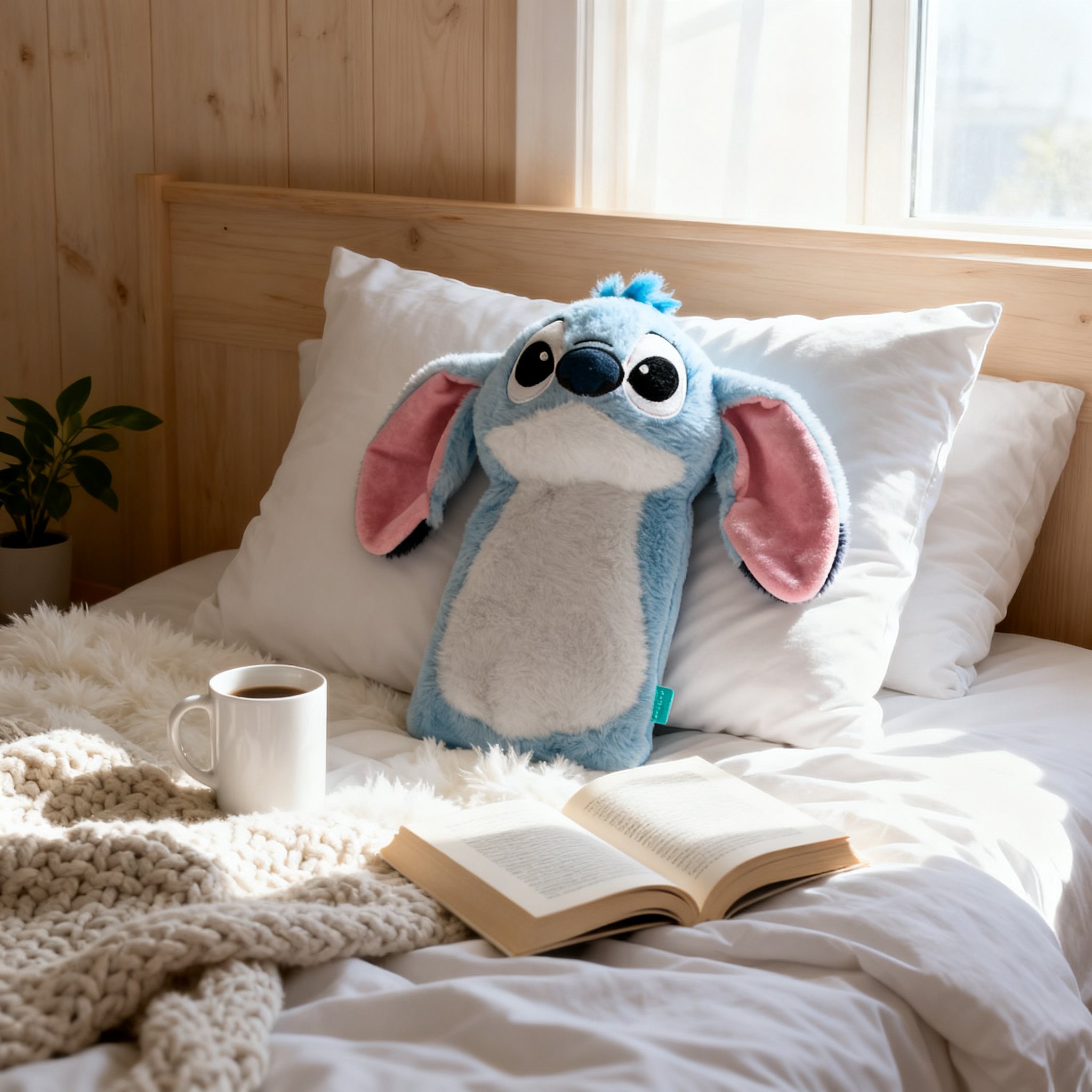 Stitch Wärmflasche im Bett neben Kaffeetasse und Buch