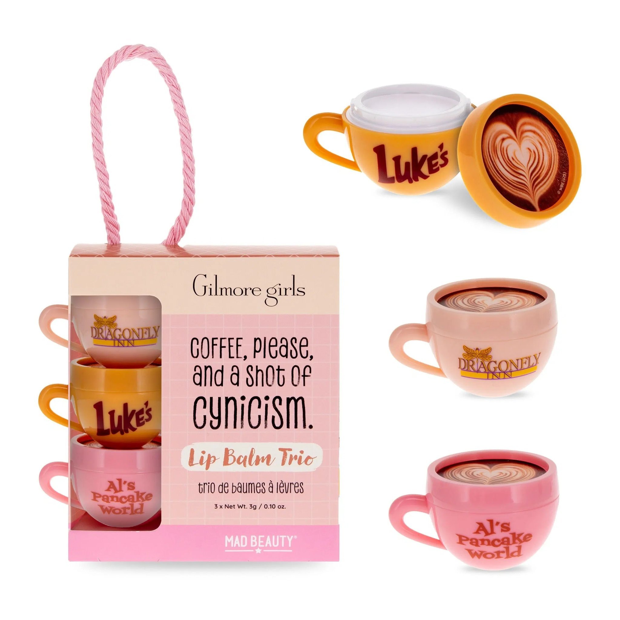 Schachtel mit Kordel und drei Lippenbalsam-Tassen, die Luke's-Tasse geöffnet