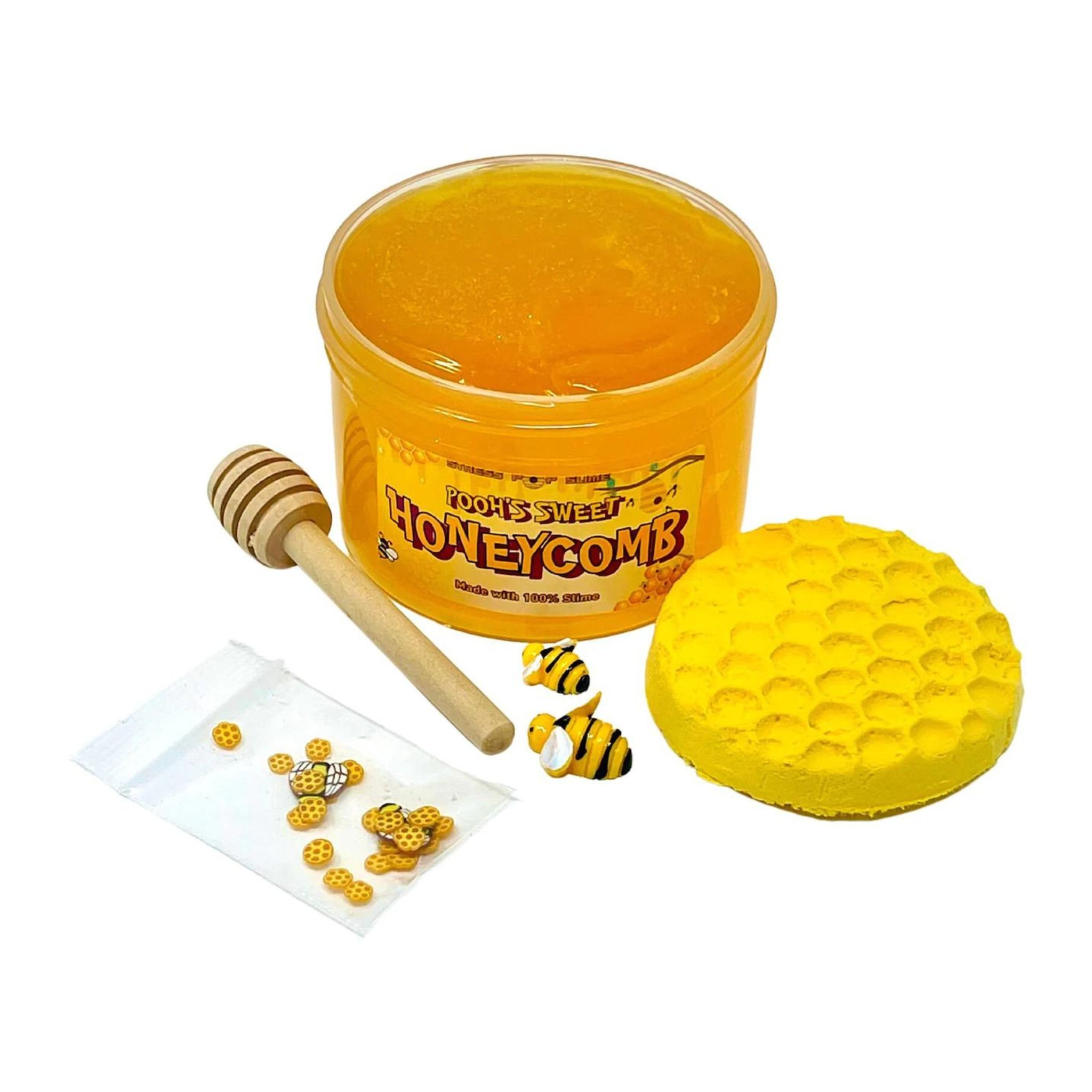 Lieferumfang: Honig-Slime, Honigwaben-Topper aus Ton, Bienen-Charms, Holz-Honigstab und Fimo-Sprinkles
