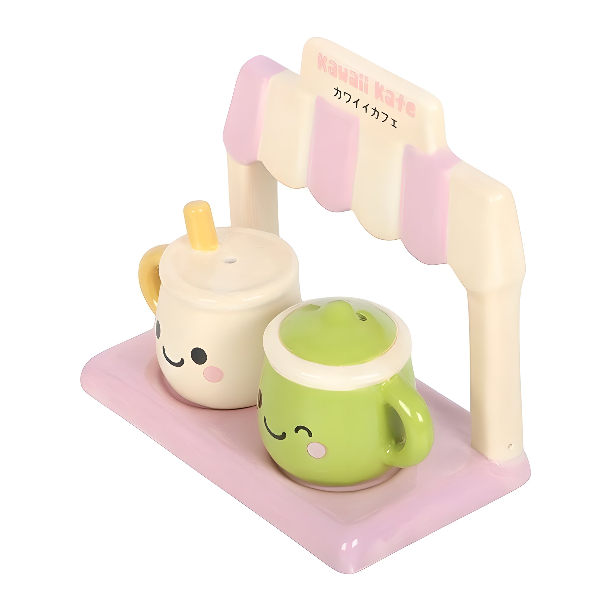 Vue latérale du set salière et poivrière Kawaii Kafe en céramique