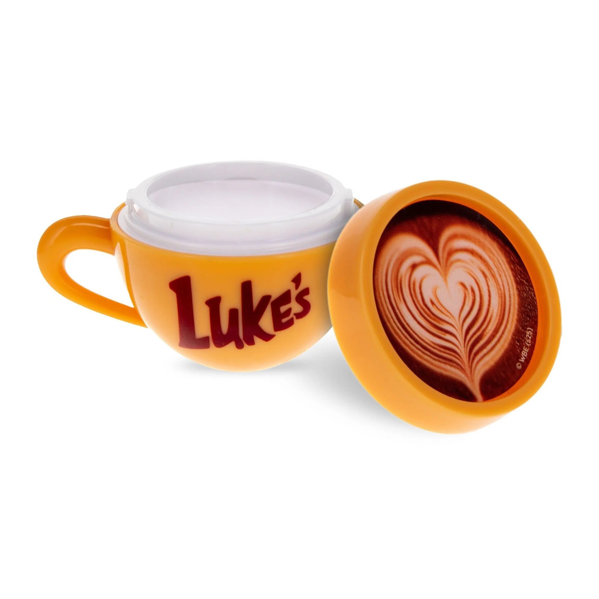 Geöffnete Luke's-Tasse mit Lippenbalsam und Deckel mit Herz im Milchschaum