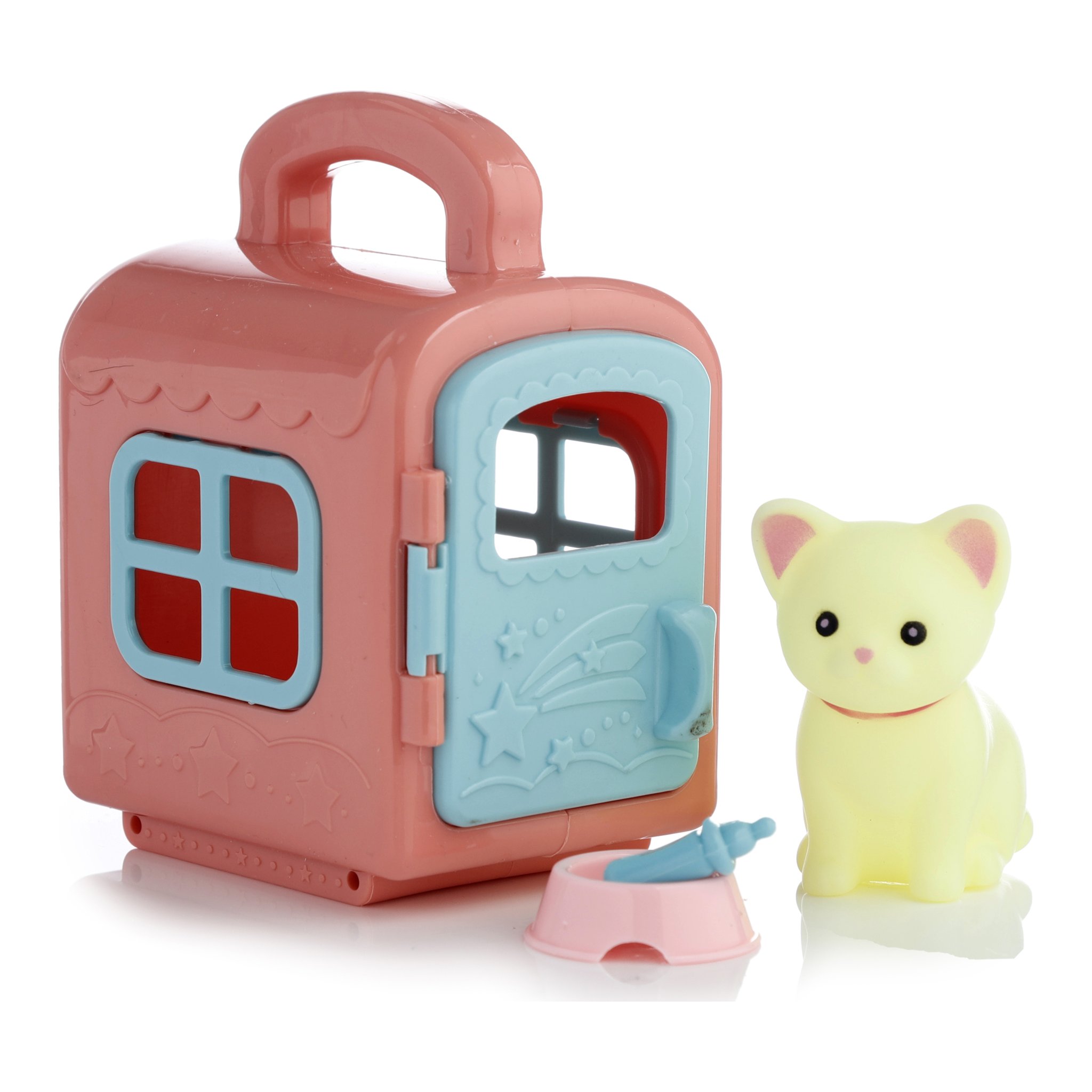 Rosa Spielbox mit gelber Katze und Futternapf