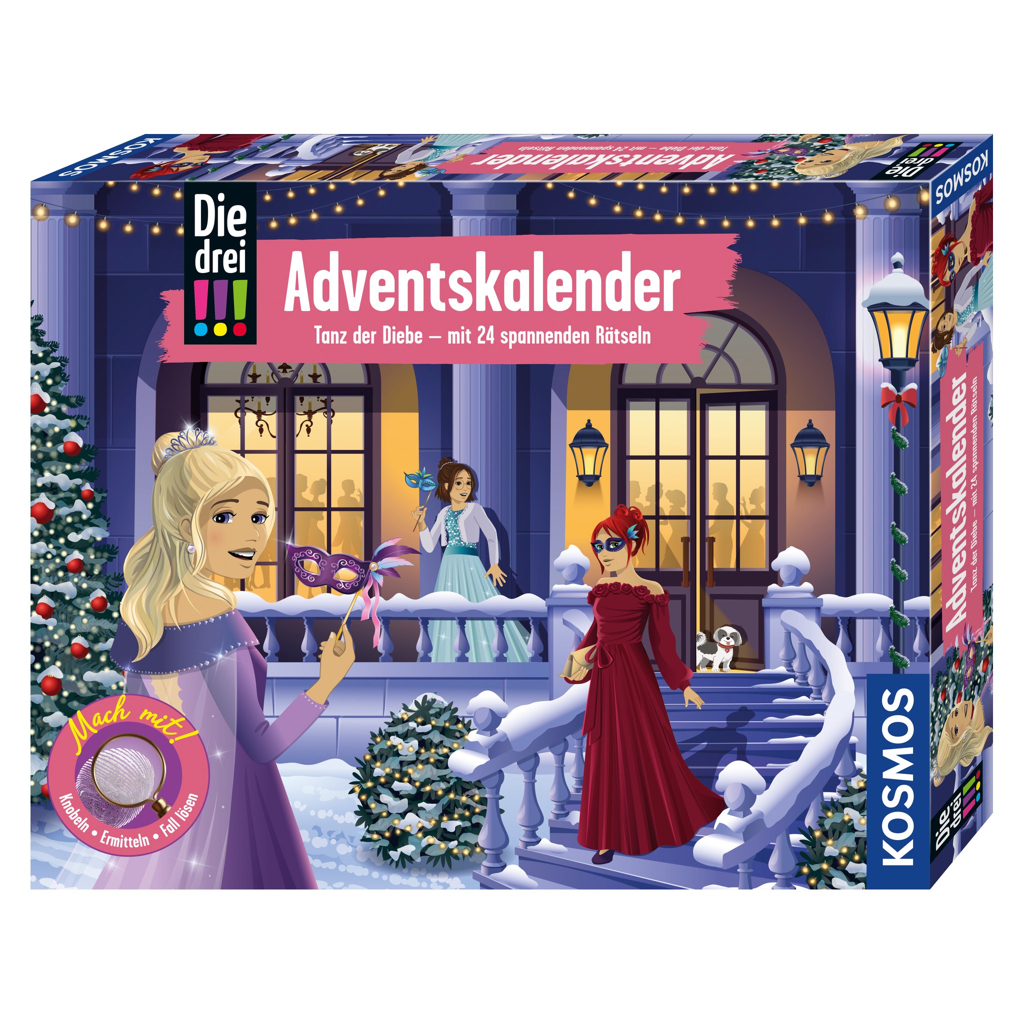 Die drei !!! Adventskalender 2026 von Kosmos, Box mit Kim, Franzi und Marie beim Maskenball