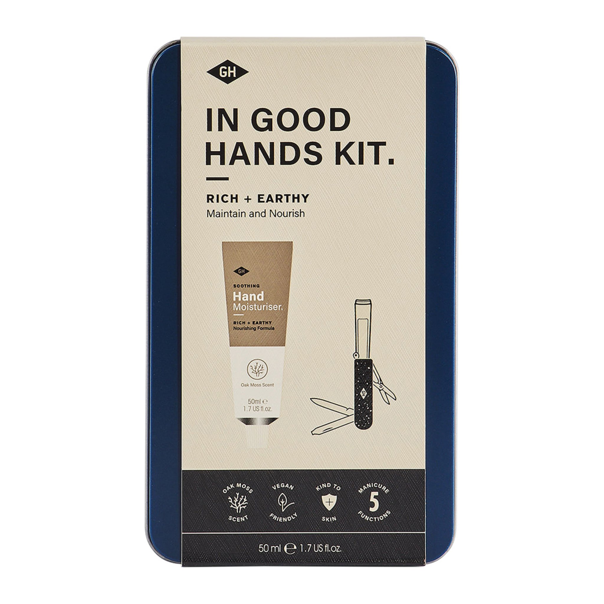 Vorderseite der Dose des In Good Hands Handpflege-Sets mit beiger Banderole und dem Hinweis «Maintain and Nourish»