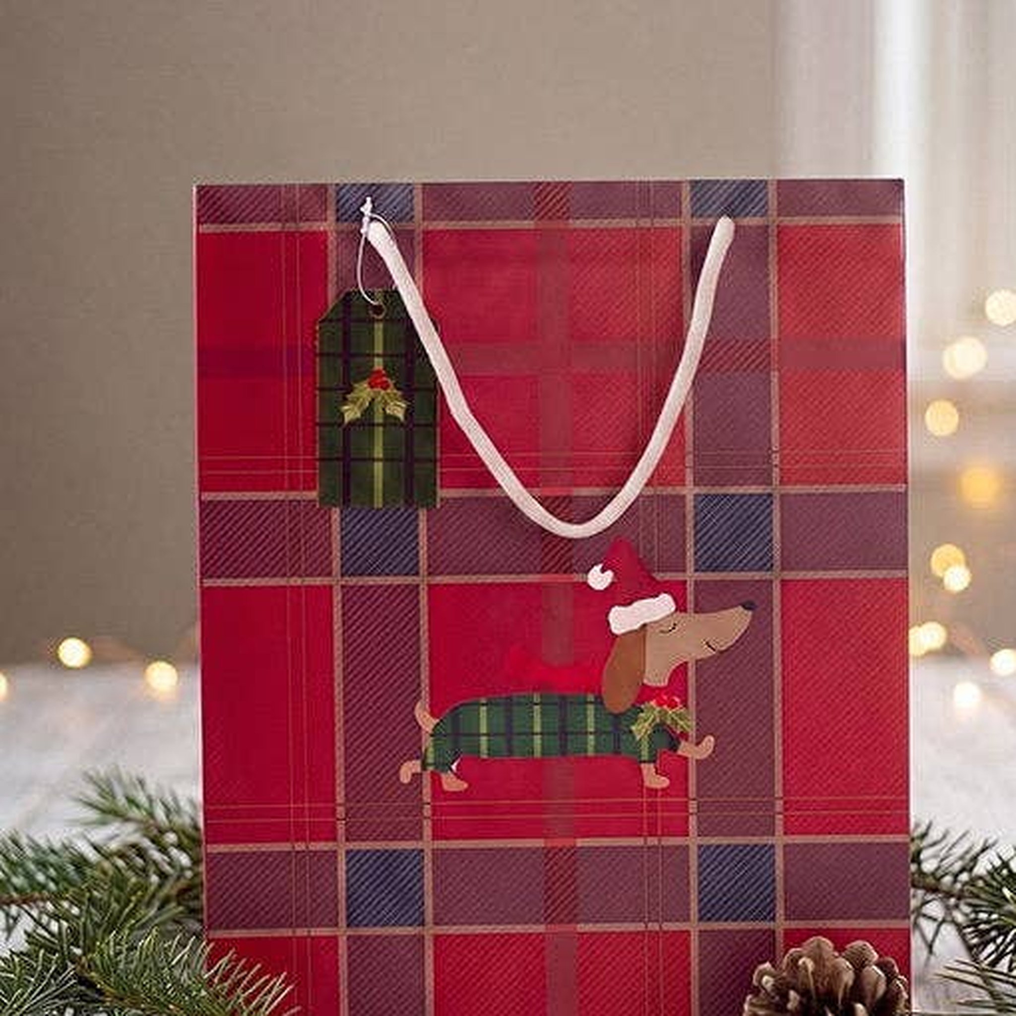 Red Checked Gift Bag with Dachshund – lifestyle image