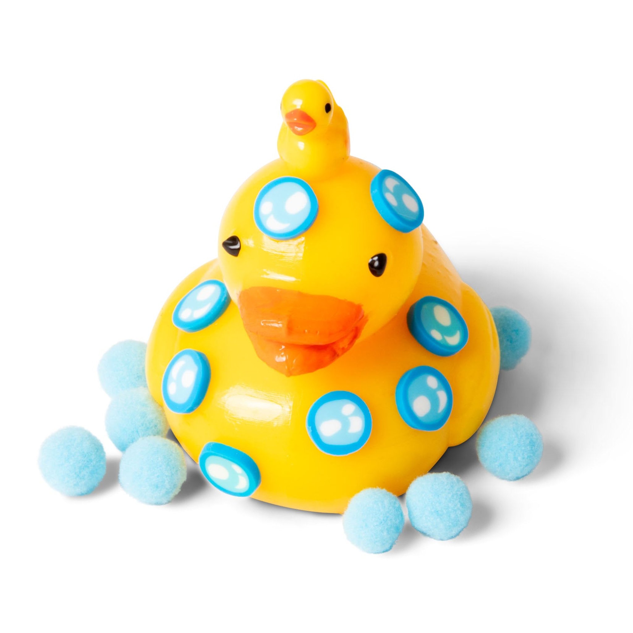 Canard sticky squishy avec bulles autocollantes, pompons et mini-canard