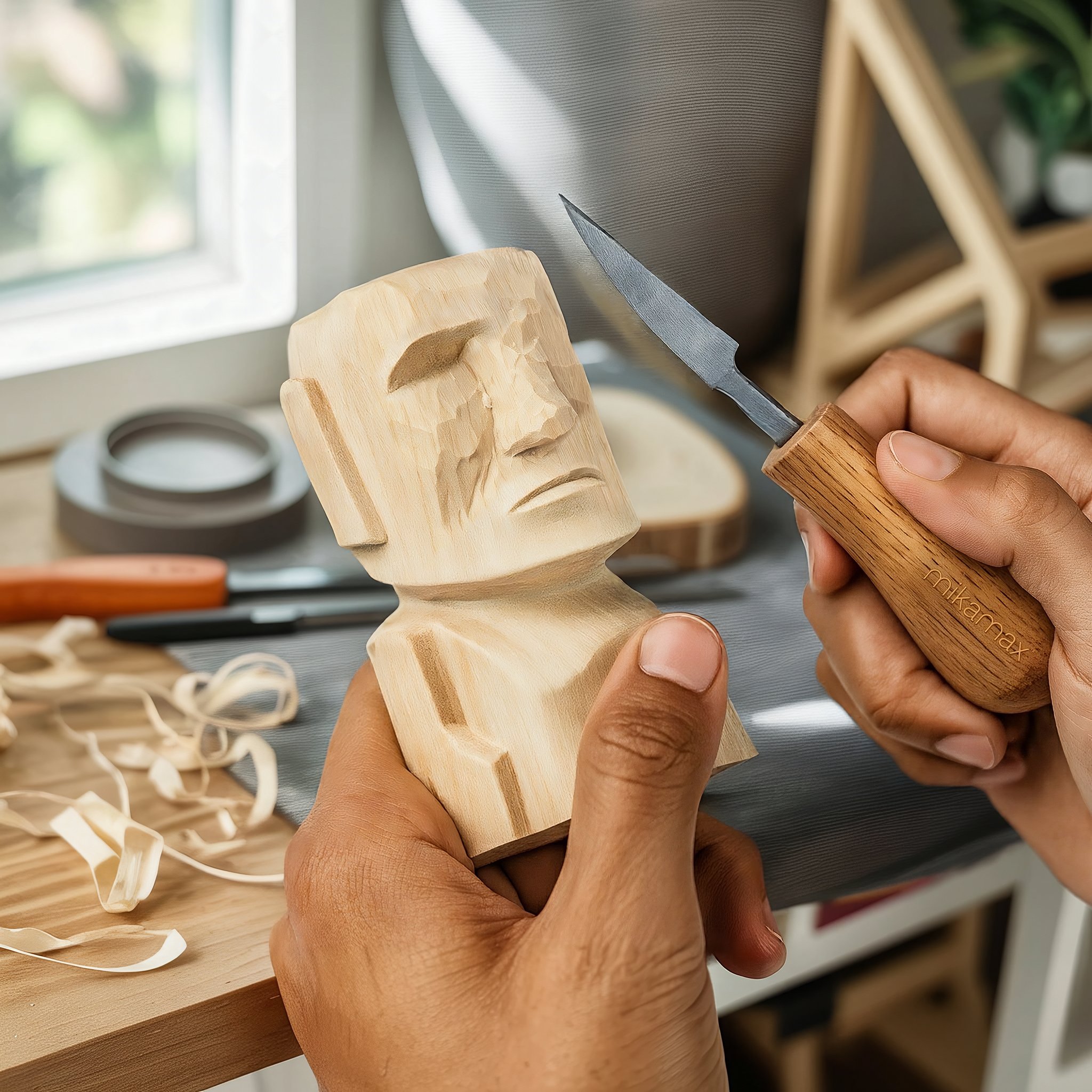 Moai Holz-Schnitzset – Hände schnitzen eine Moai-Figur