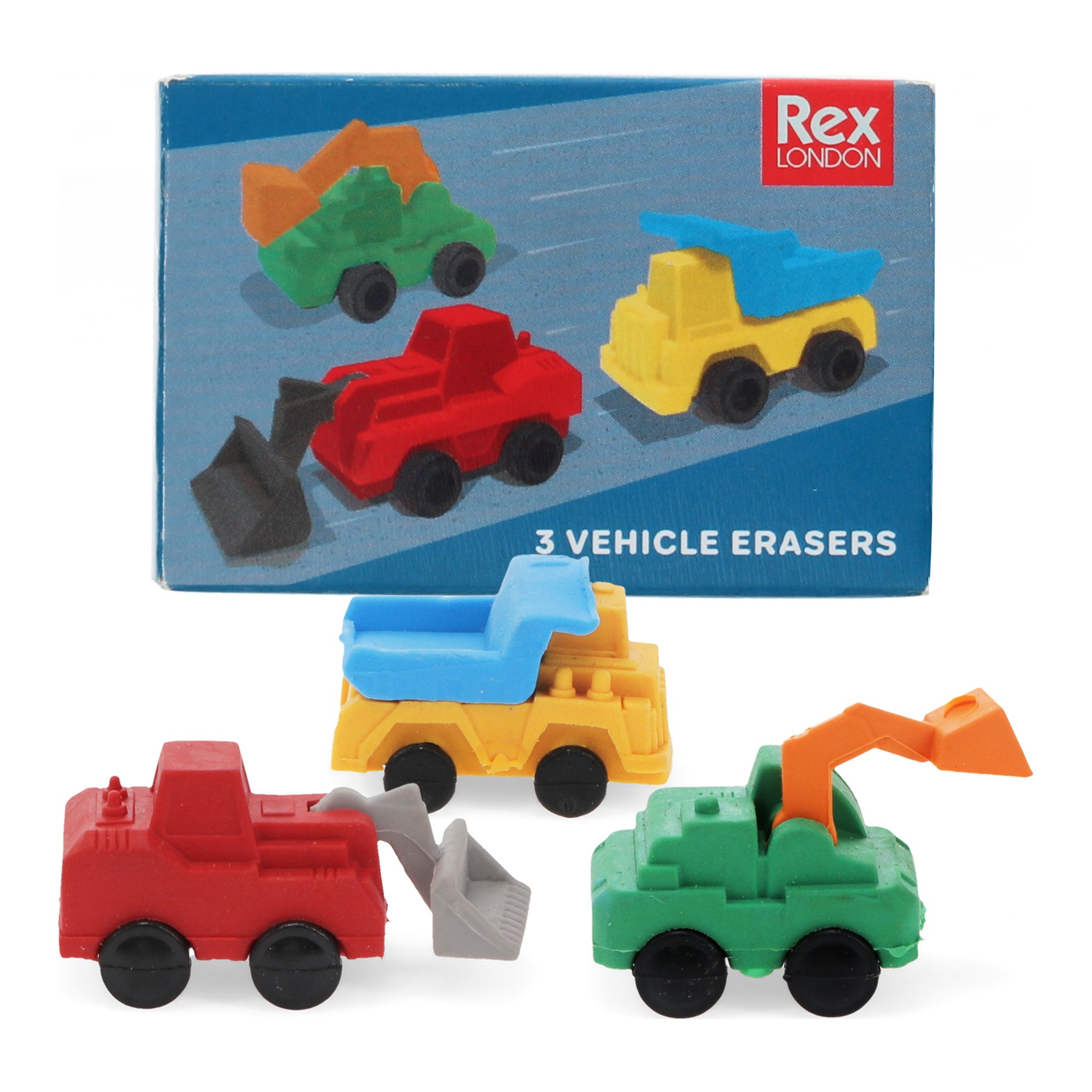 Die drei Baufahrzeuge Radiergummis auf der blauen Karte «3 Vehicle Erasers»
