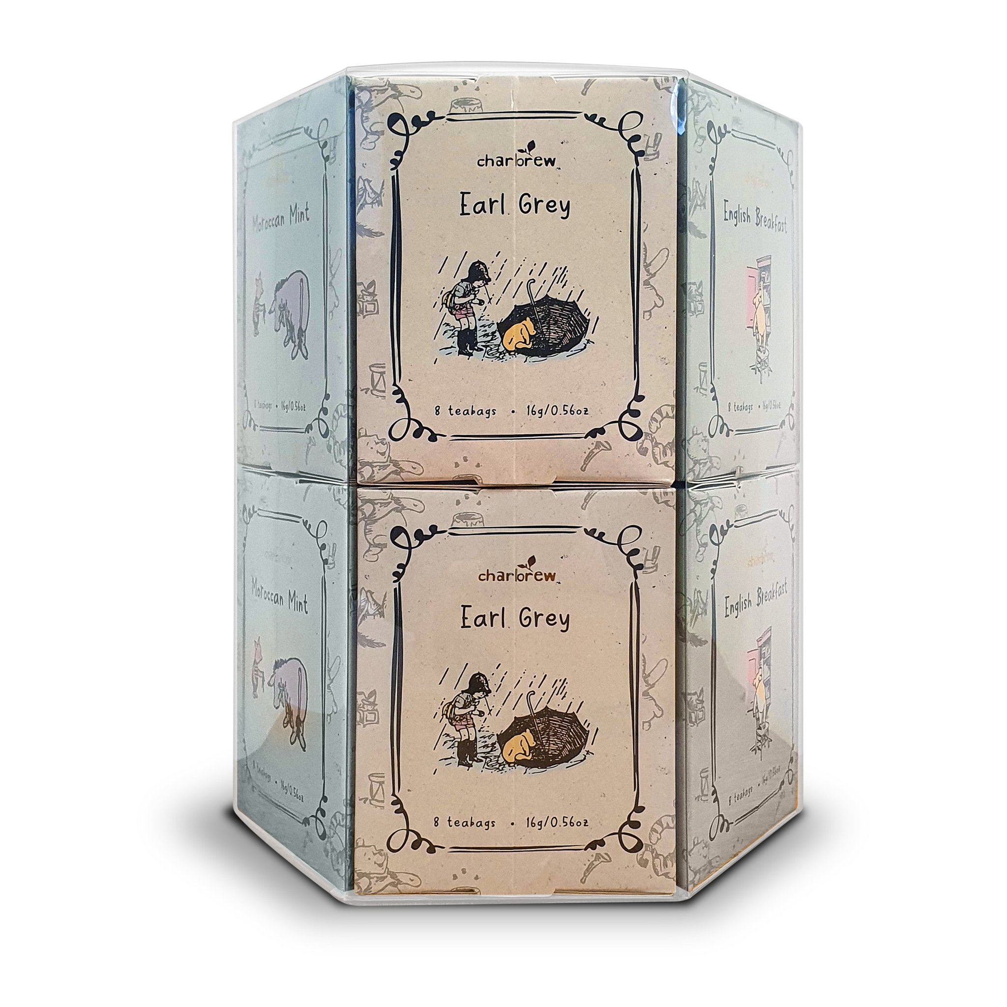 Side view of the Winnie the Pooh tea set showing the Earl Grey boxes