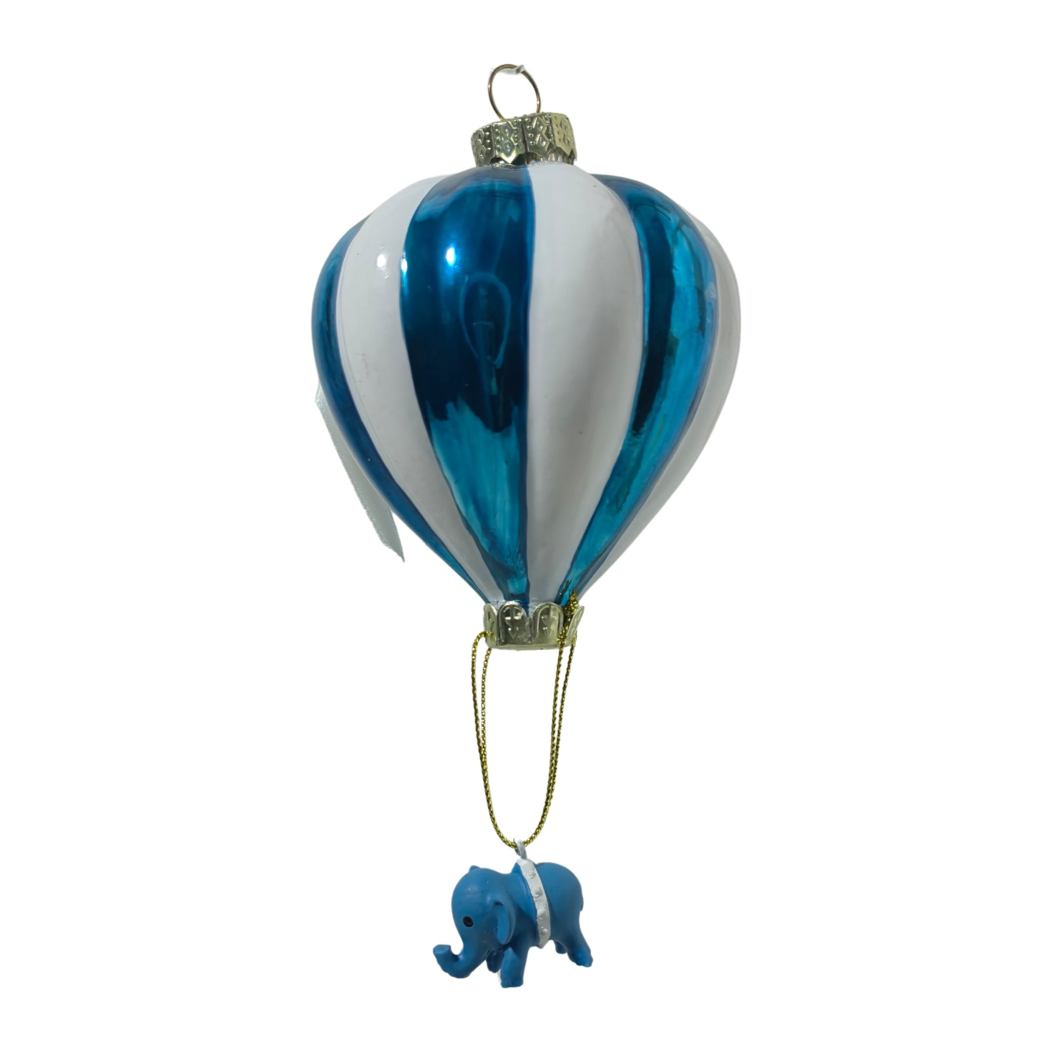 Pendente mongolfiera con nastro «Baby's 1st Christmas» ed elefante blu