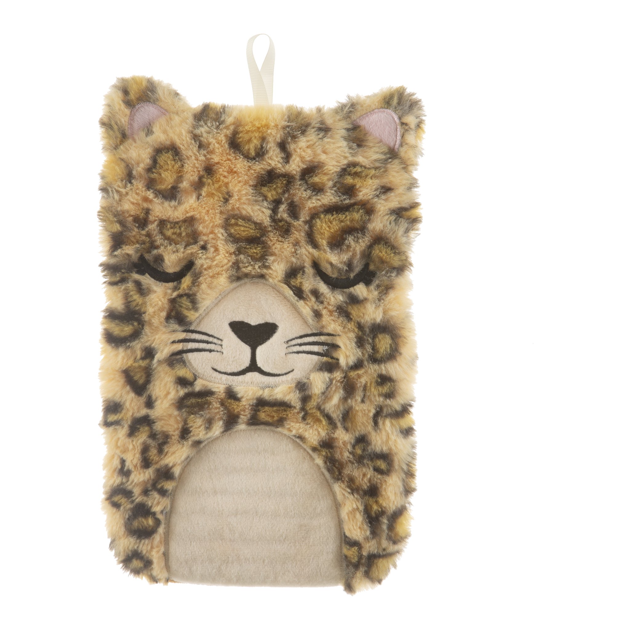 Leopard Wärmflasche freigestellt, Vorderseite mit Katzengesicht und Ohren