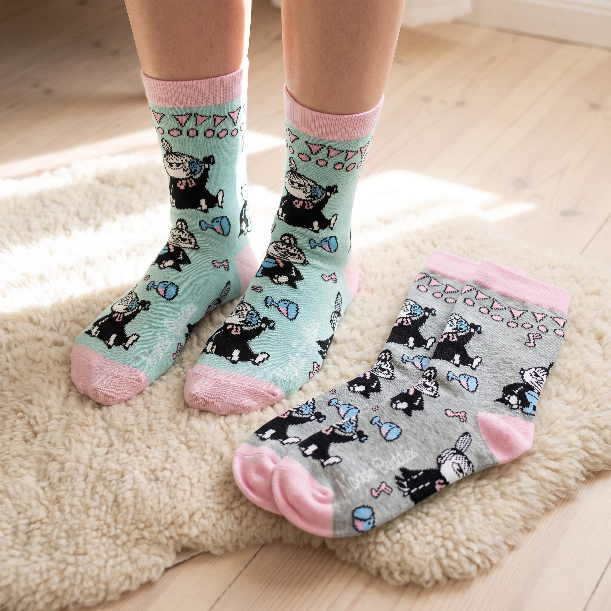 Wearing the mint Moomin socks on a rug, with the second pair laid out beside them