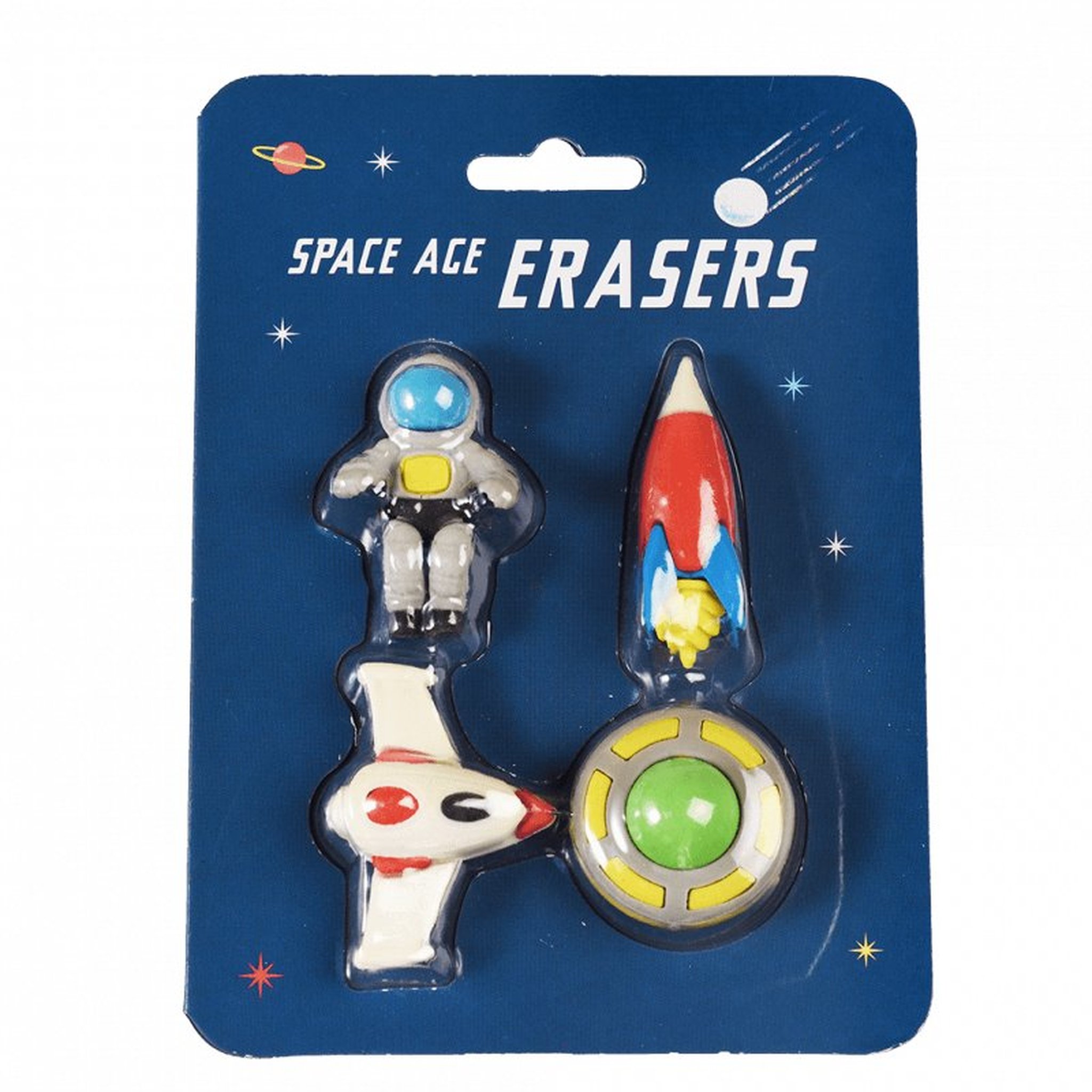 Gommes Space Age sur la carte blister bleue « Space Age Erasers »