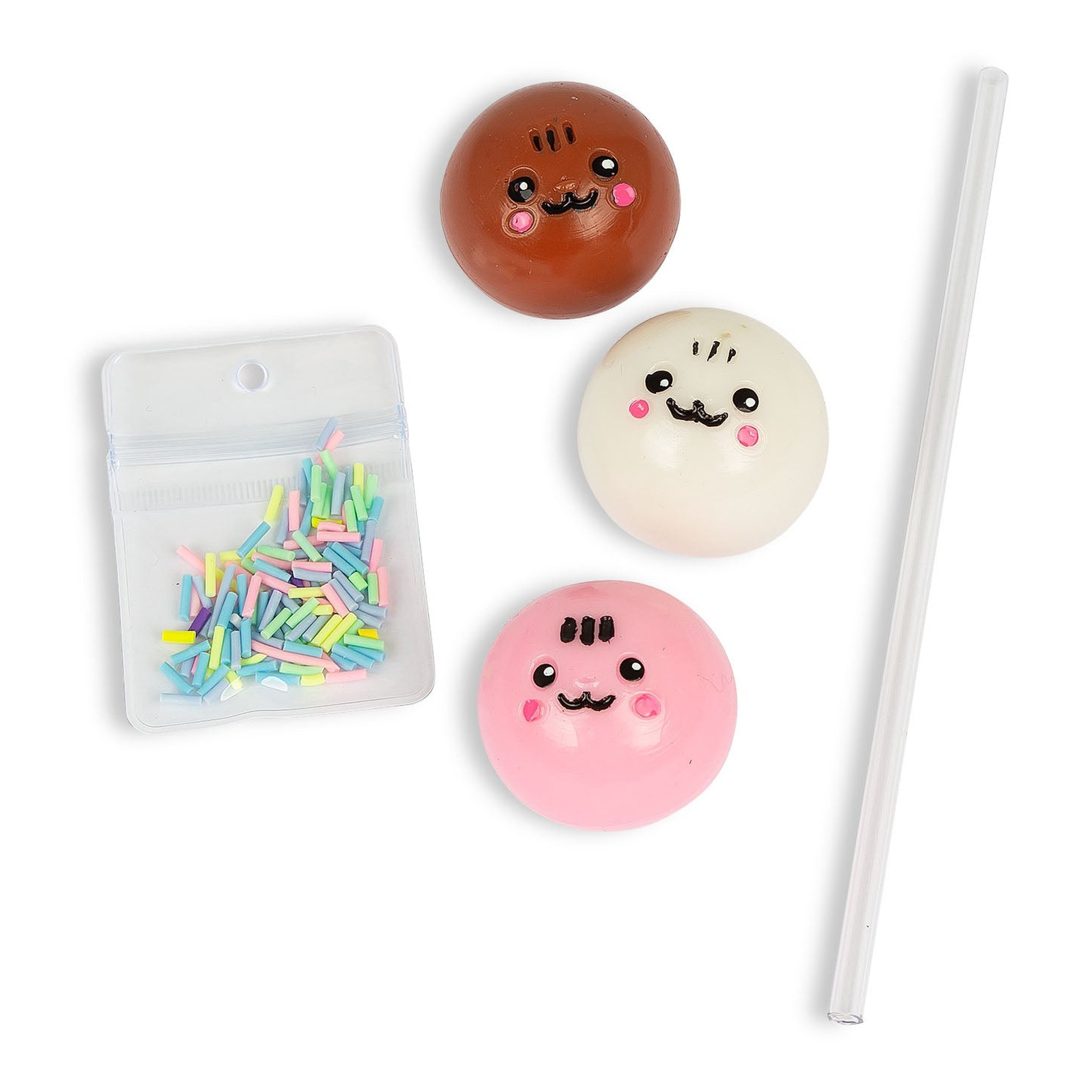 Contenuto del set: tre palline squishy con faccina, bustina di codette e stecco