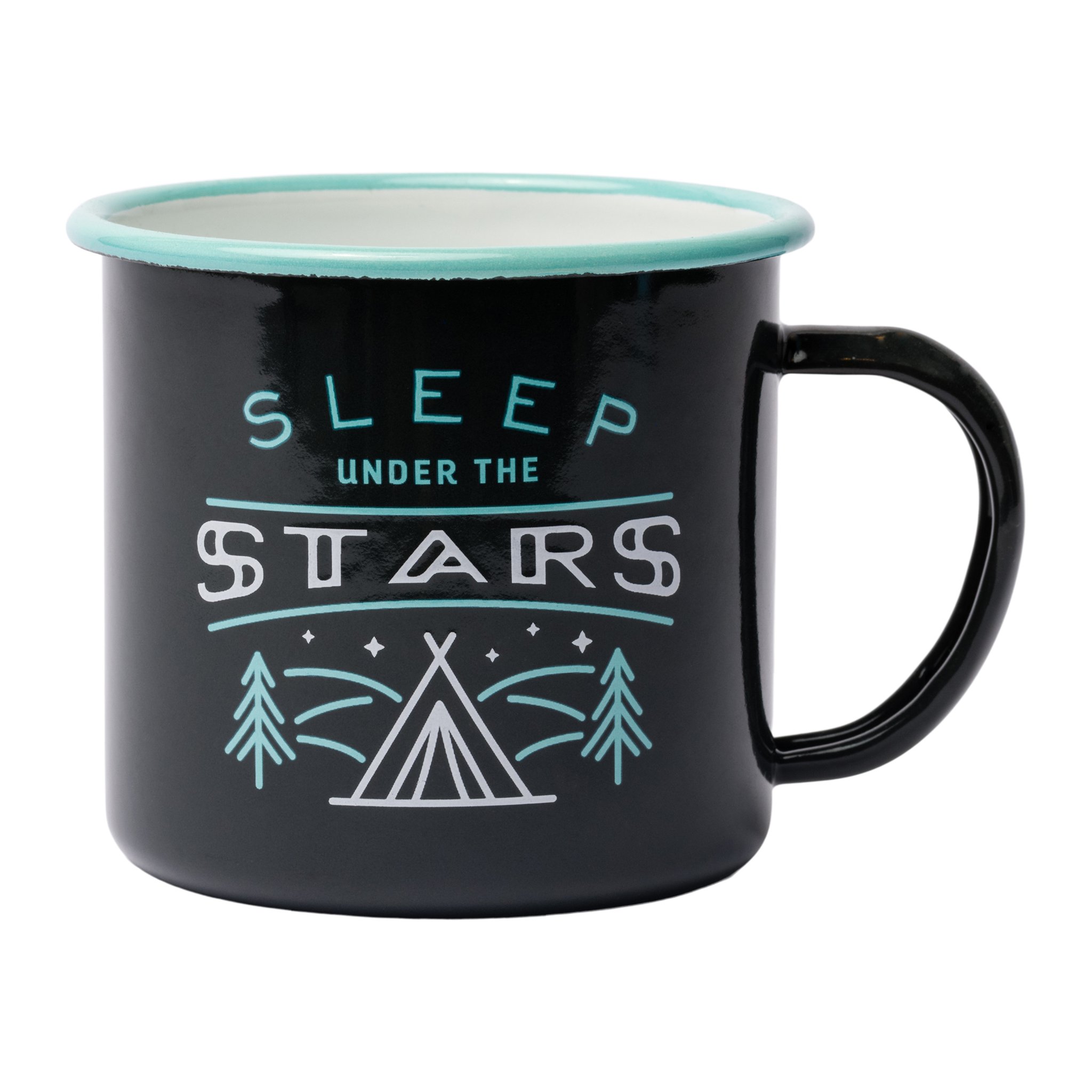 Schwarze Emailletasse Sleep Under The Stars mit türkisem Rand, Zelt und Tannen als Motiv auf der Vorderseite