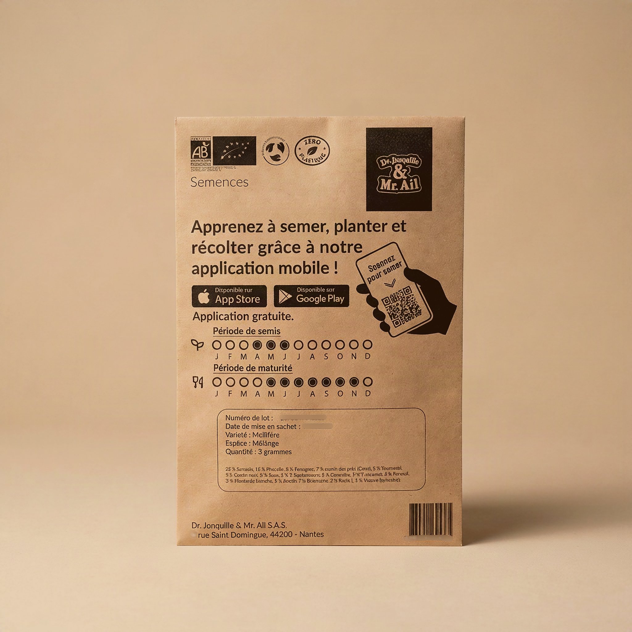 Verso du sachet de graines de fleurs avec calendrier de semis et de floraison, logos bio et QR code de l'appli