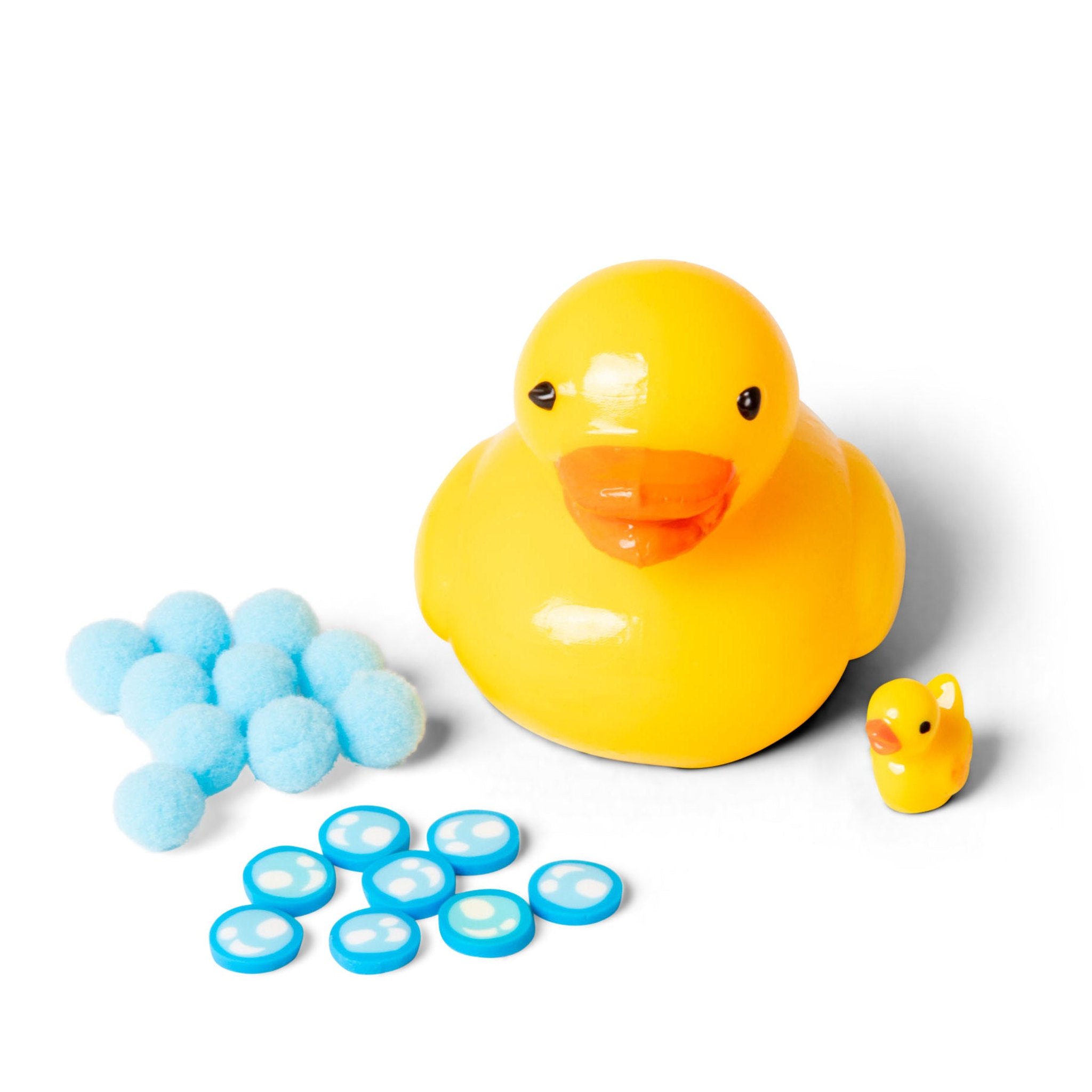 Sticky squishy duck with blue bubble dots, foam pompoms and mini duck