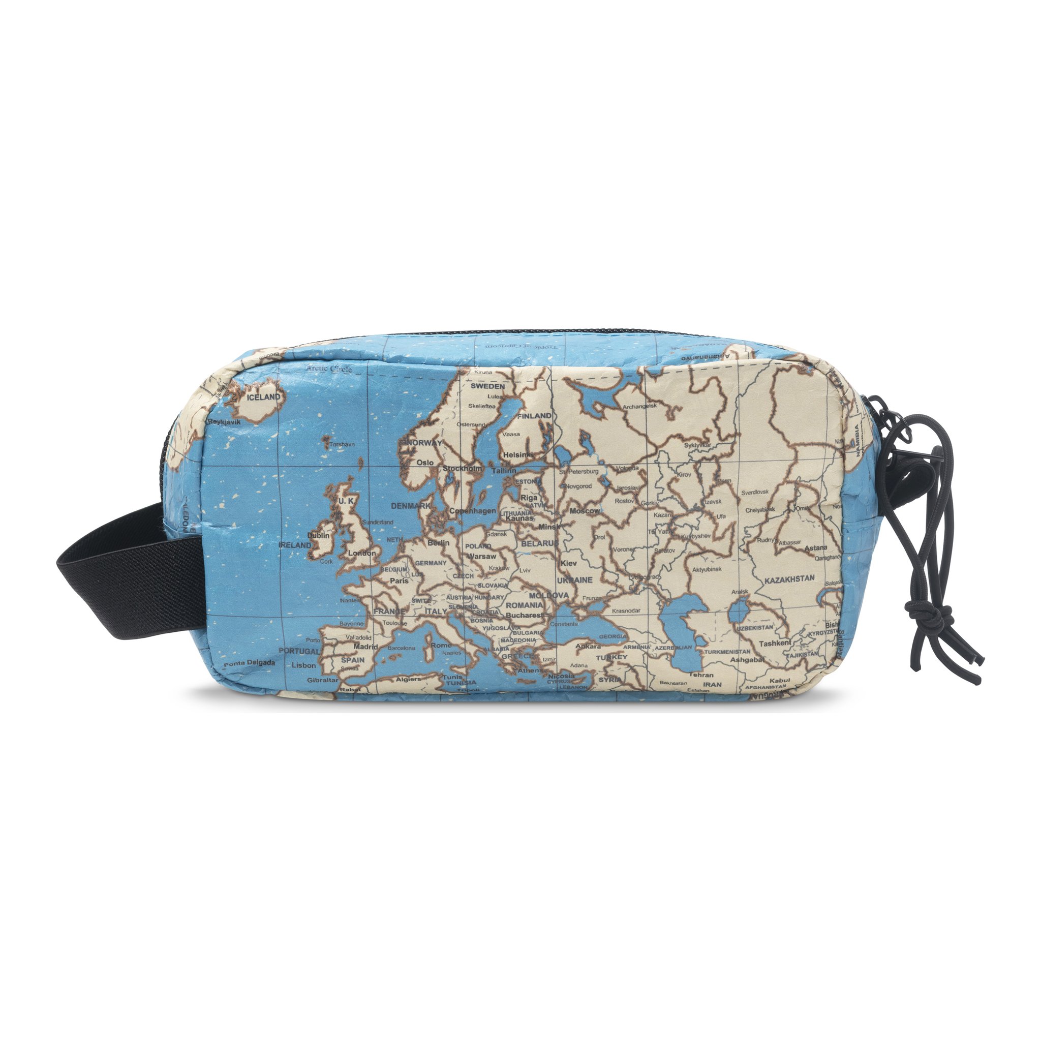 Kulturtasche mit Weltkarten-Muster von vorne mit schwarzem Reissverschluss