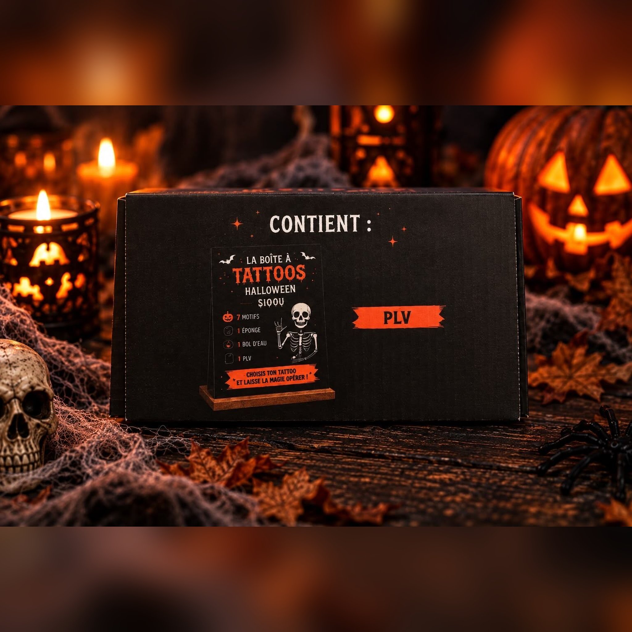 Seite der Halloween-Tattoo-Box mit Abbildung des mitgelieferten Aufstellers