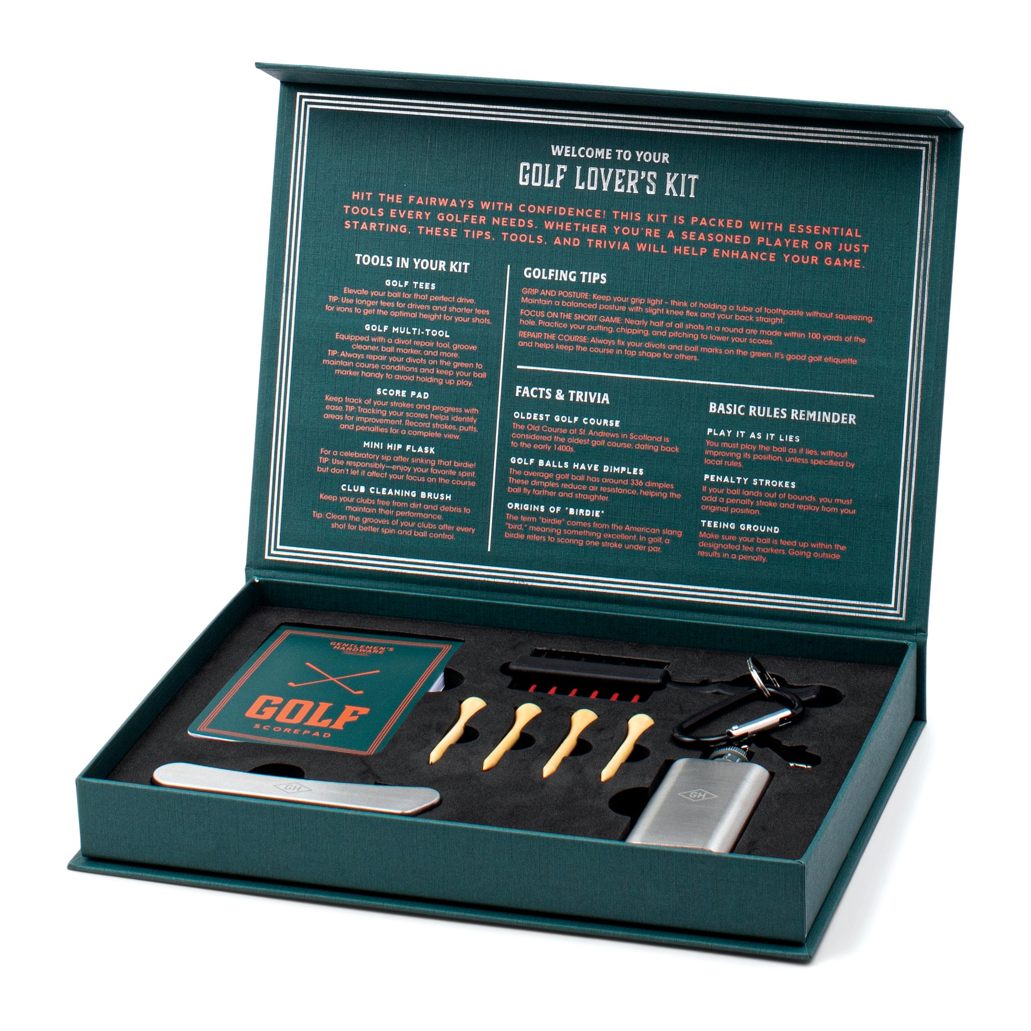 Offene Schachtel des Golf Liebhaber Sets: Tees, Notizblock, Flachmann und Multitool in schwarzem Einsatz, Tipps im Deckel