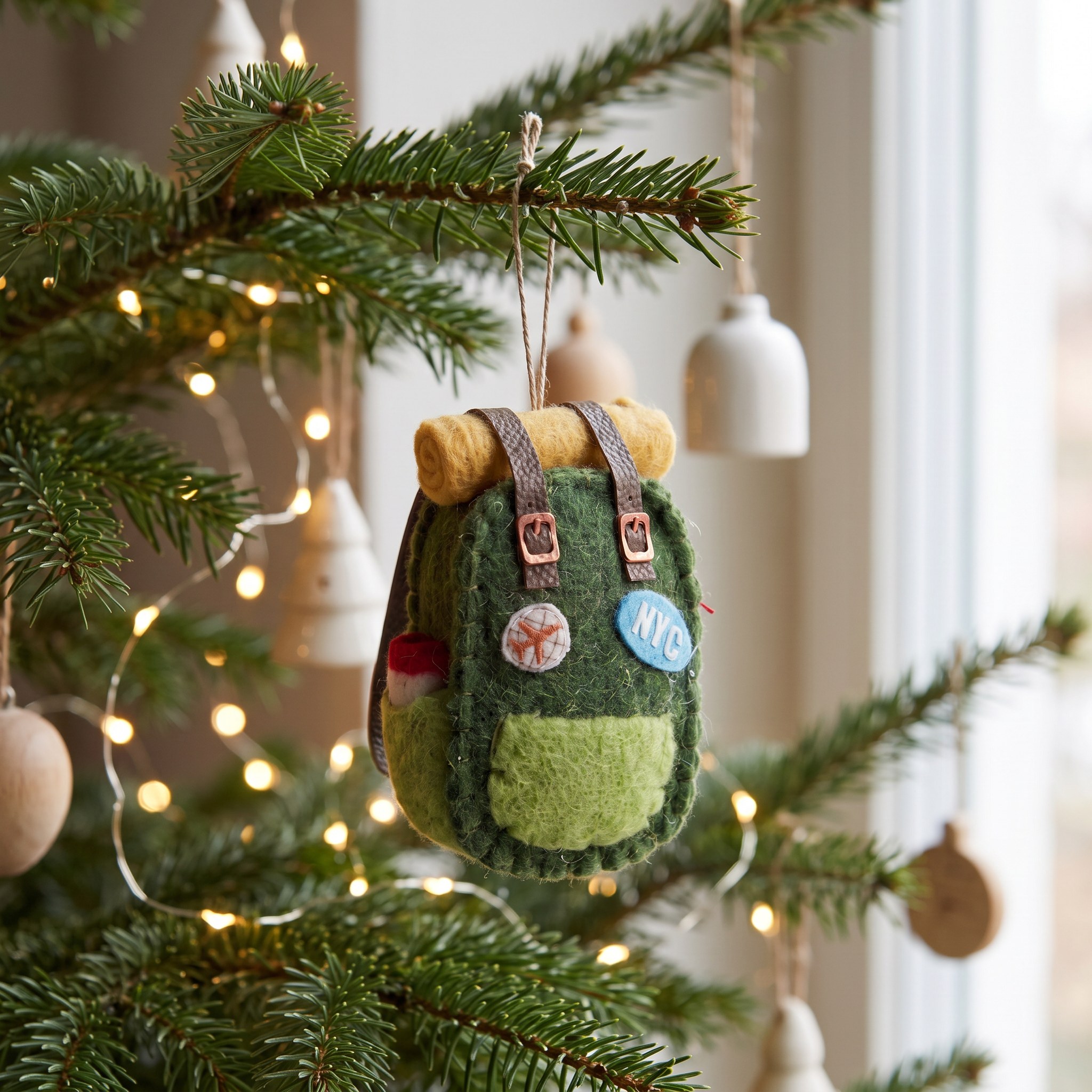 Grüner Woll-Rucksack als Christbaumschmuck am Tannenbaum neben Holzanhängern und Lichterkette