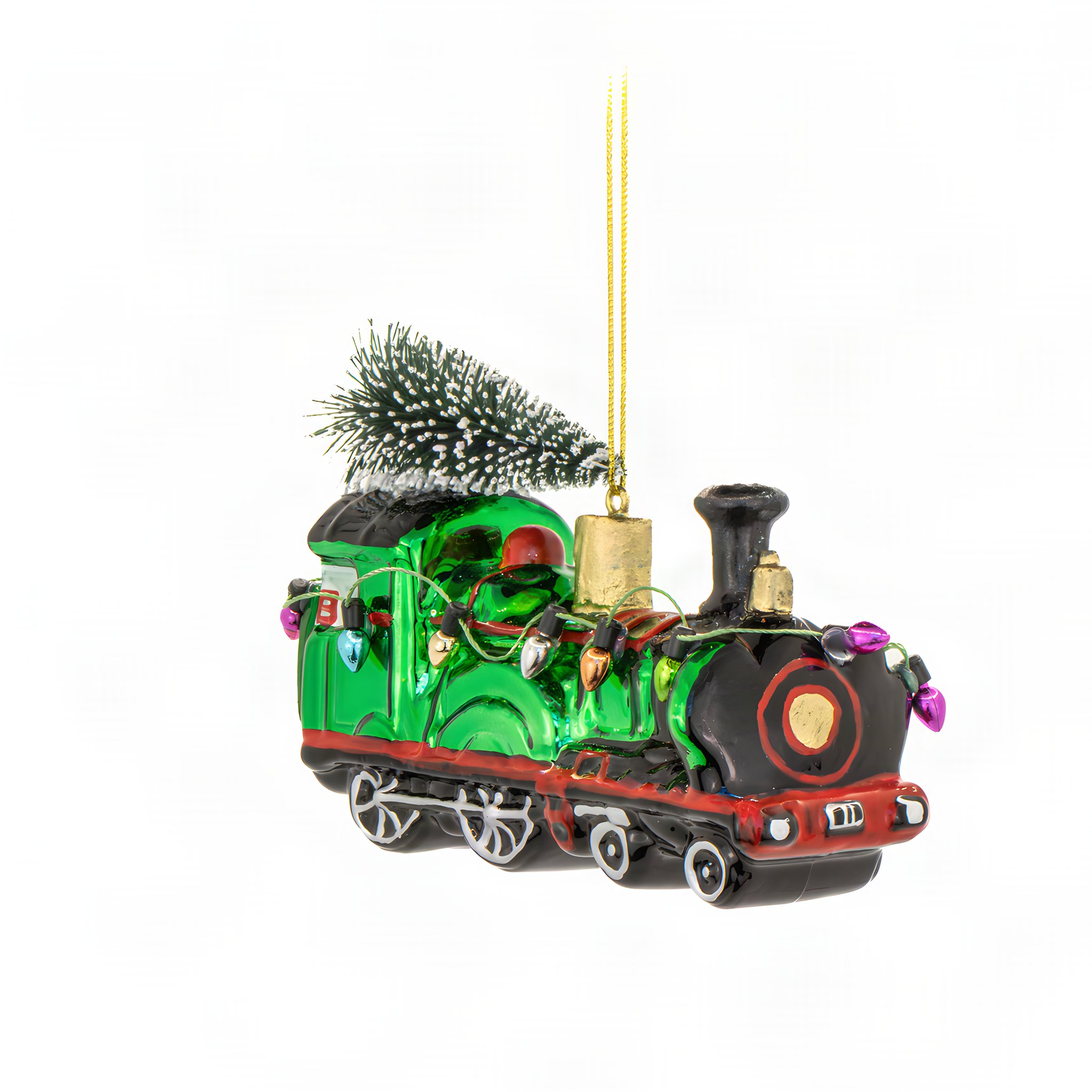 Glass Christmas train: green locomotive carrying a fir tree on top