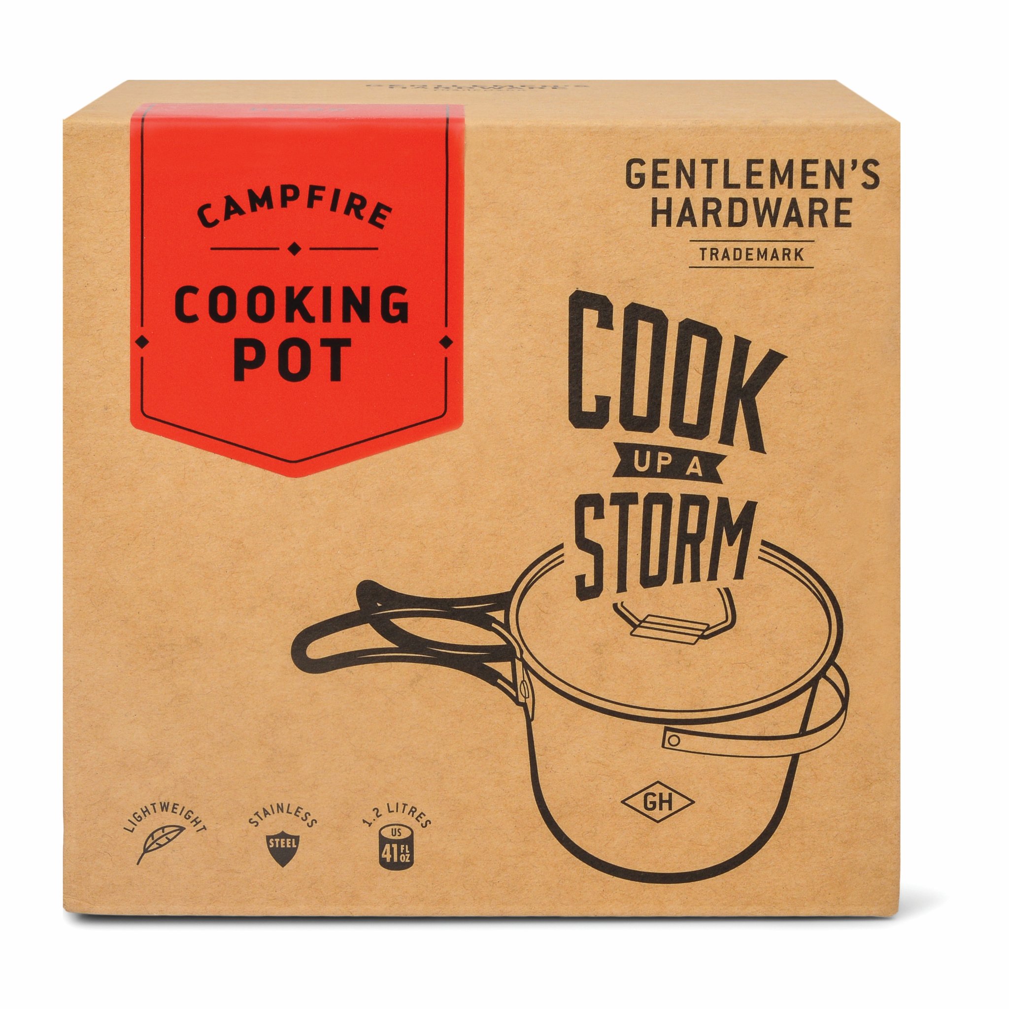 Brown cardboard box of the Campfire Cooking Pot with a red label and a pot drawing under «Cook up a storm»