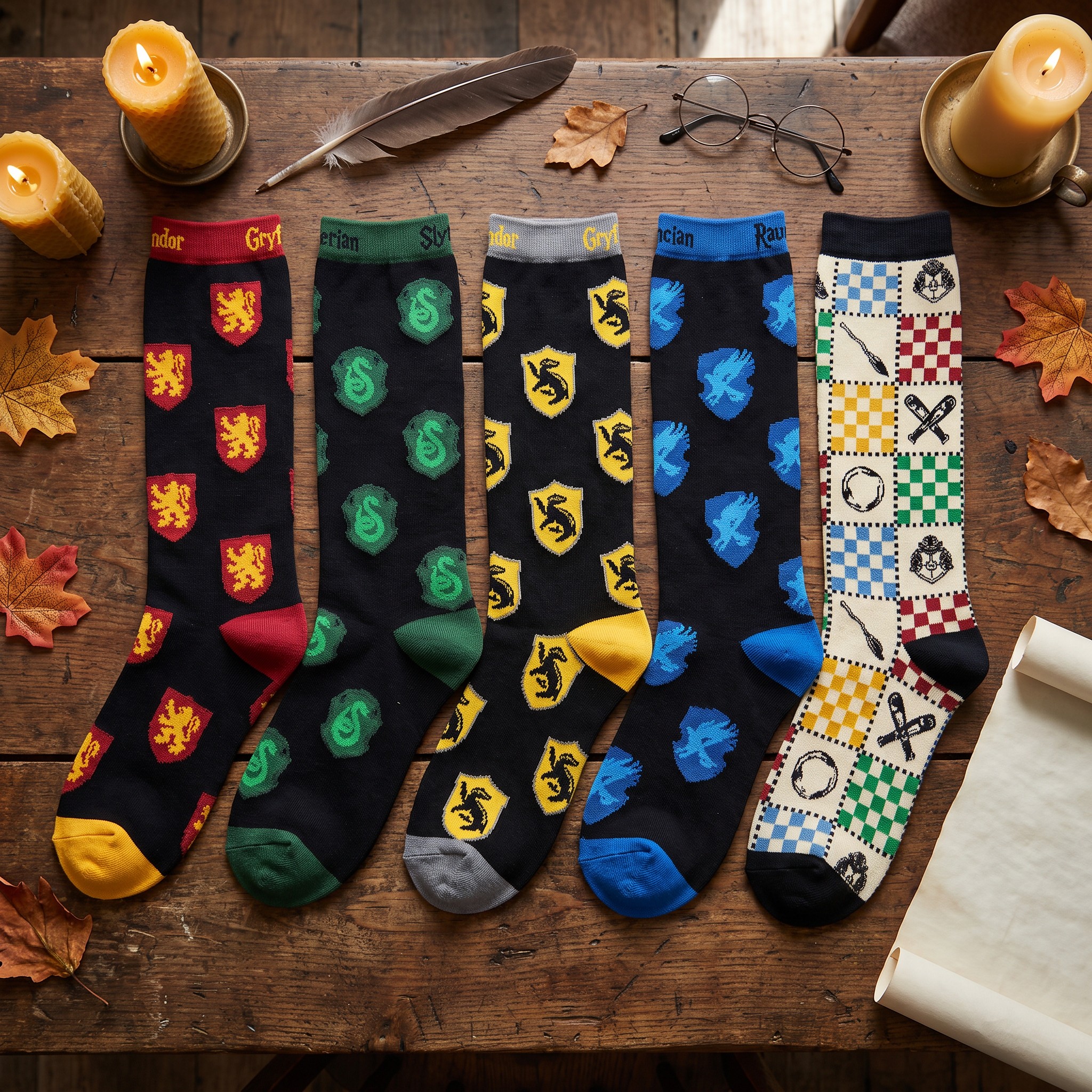Cinq chaussettes hautes Harry Potter avec les blasons des quatre maisons et un motif Quidditch sur une table en bois