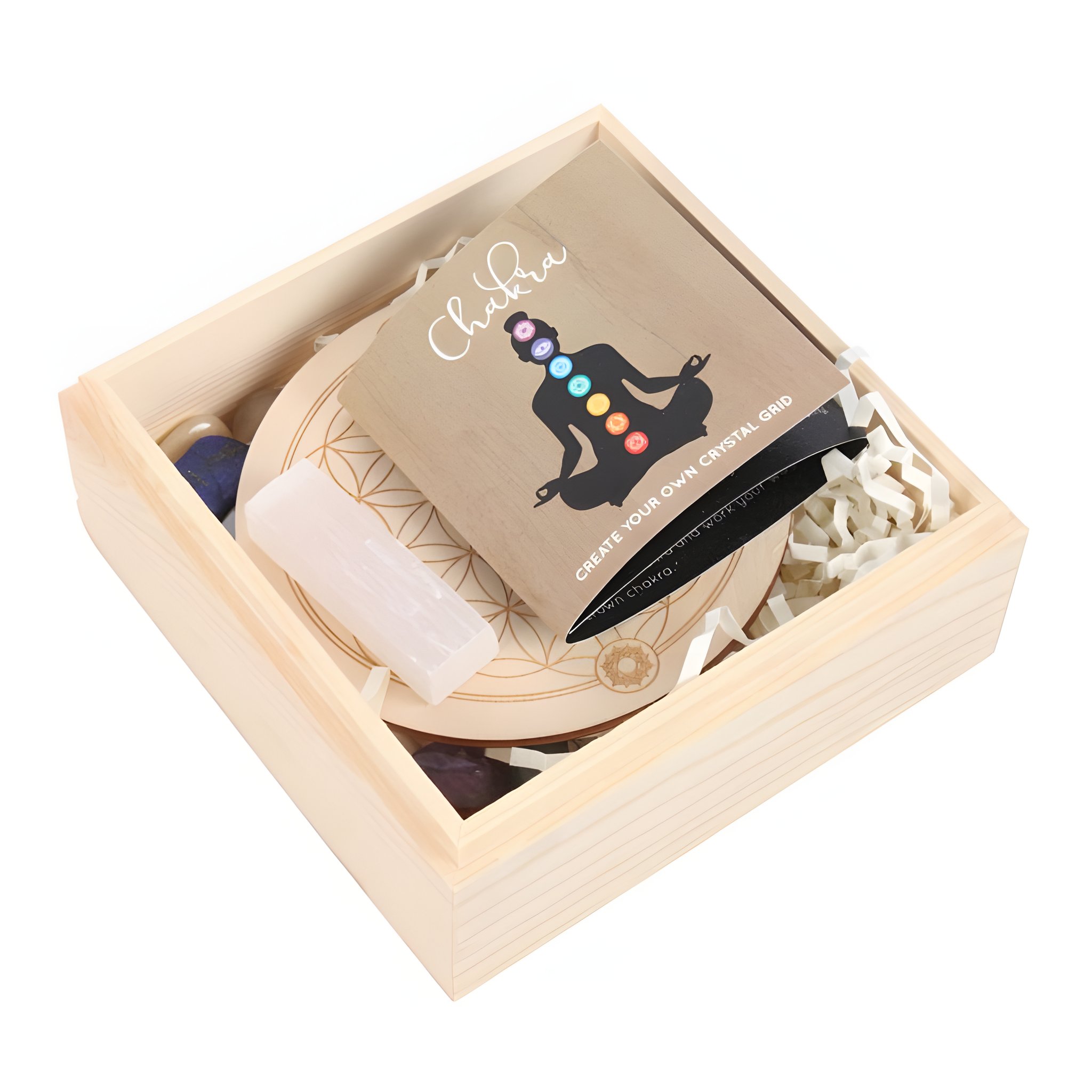 Opened chakra wooden box with gemstones, selenite wand and instruction card