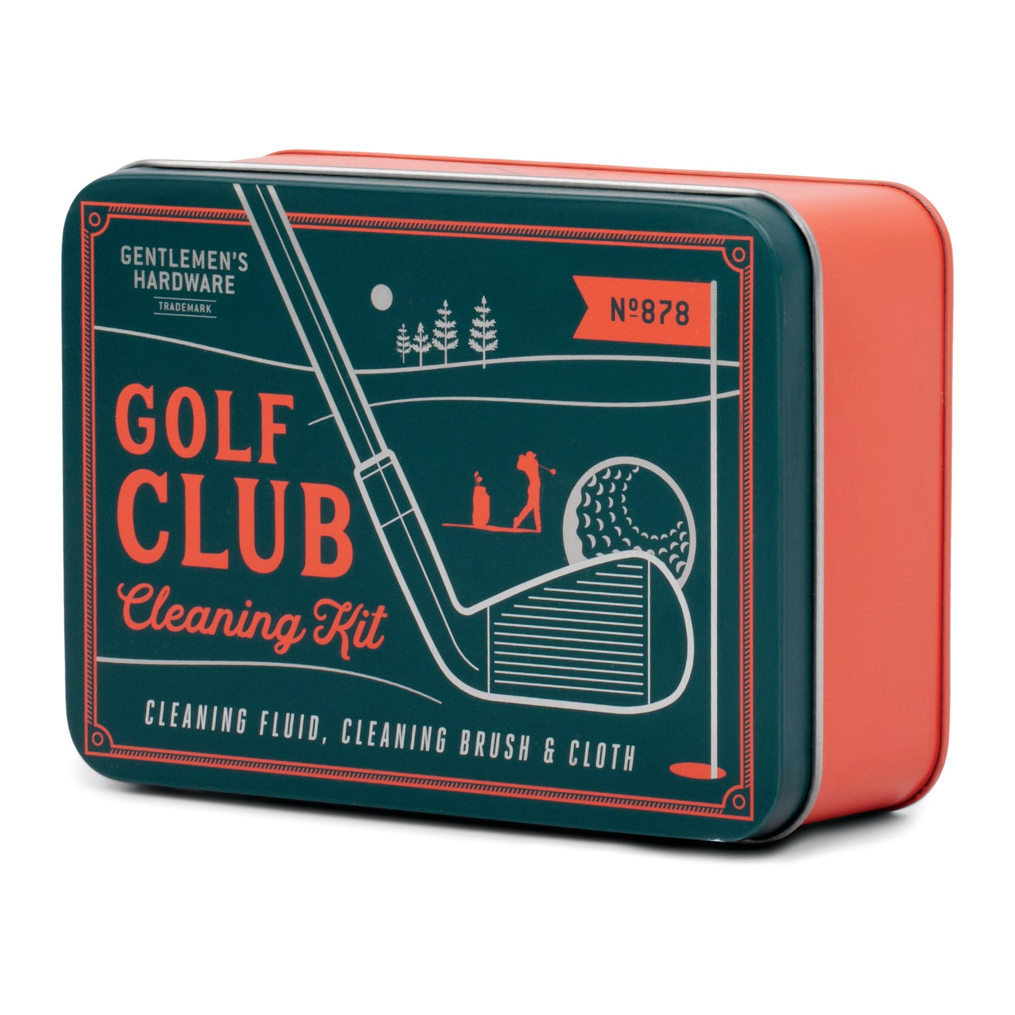 Golf Club Cleaning Set tin at an angle, showing the green lid and the orange side of the tin