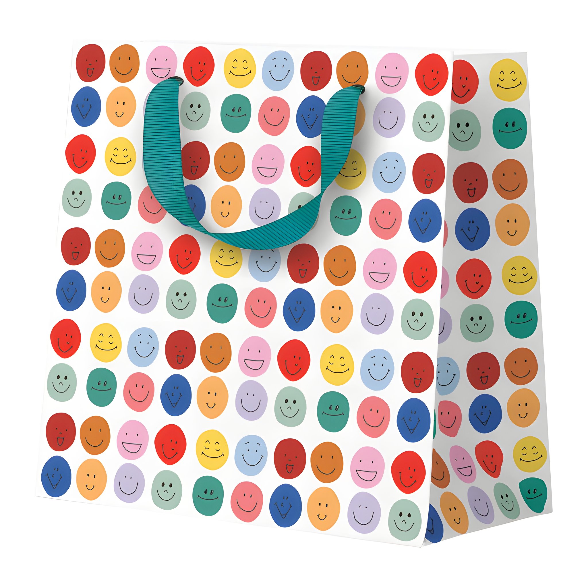 Busta regalo piccola con smiley colorati di Ohh Deer con manici in nastro su sfondo bianco