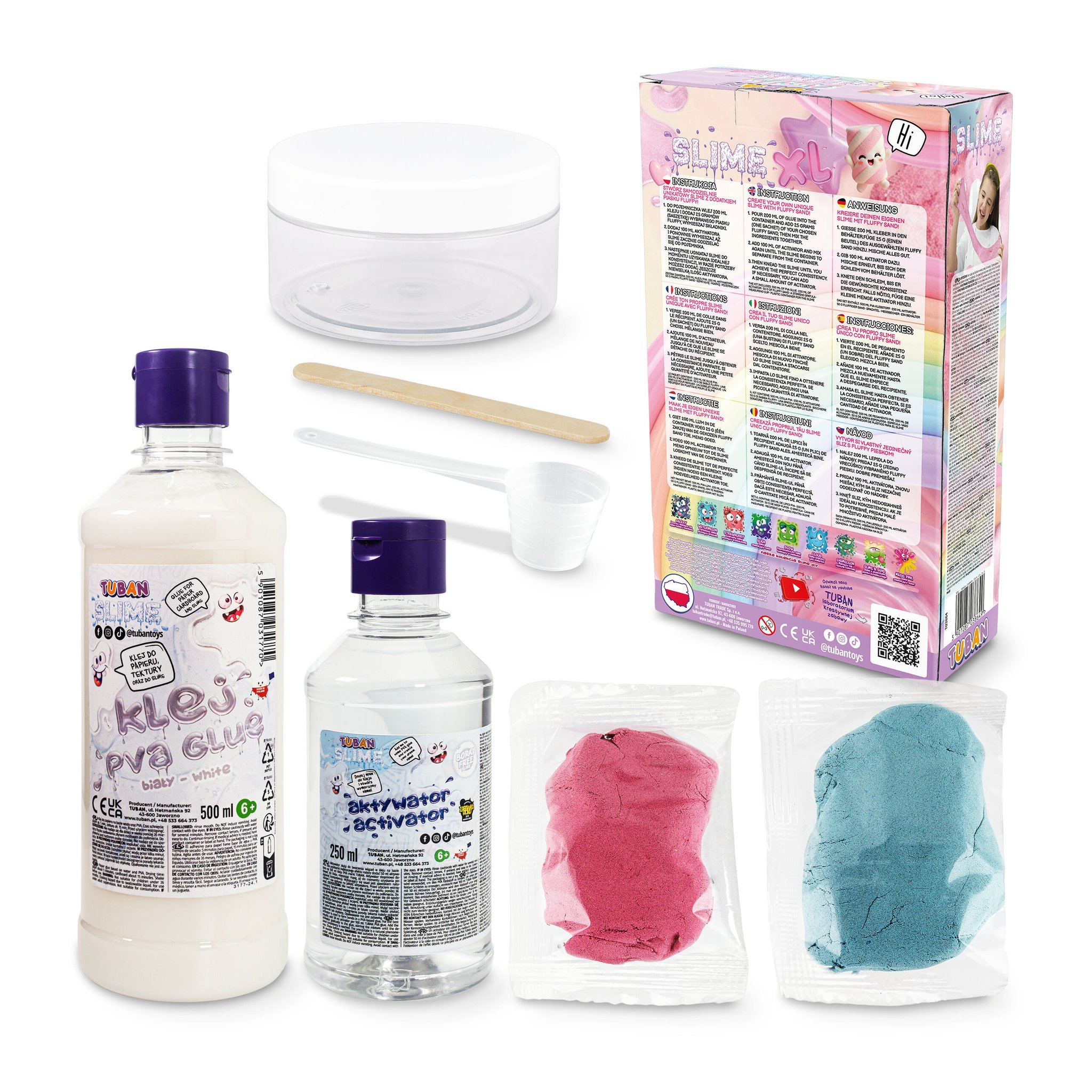 Contenuto del set Fluffy Slime: colla PVA, attivatore, sabbia fluffy rosa e blu, barattolo e spatola