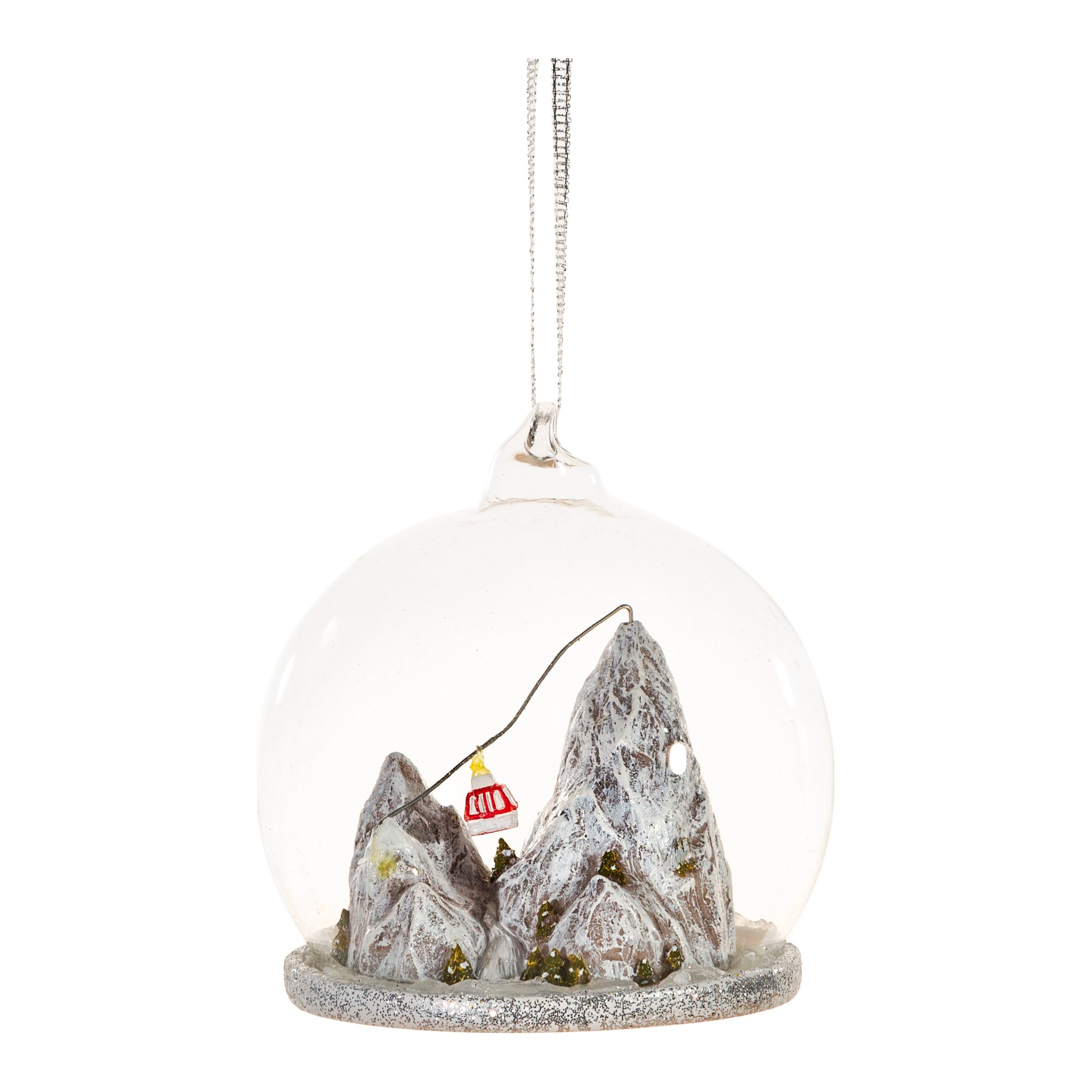 Boule de Noël hiver en montagne Sass & Belle, dôme en verre avec montagne et télécabine rouge, détourée