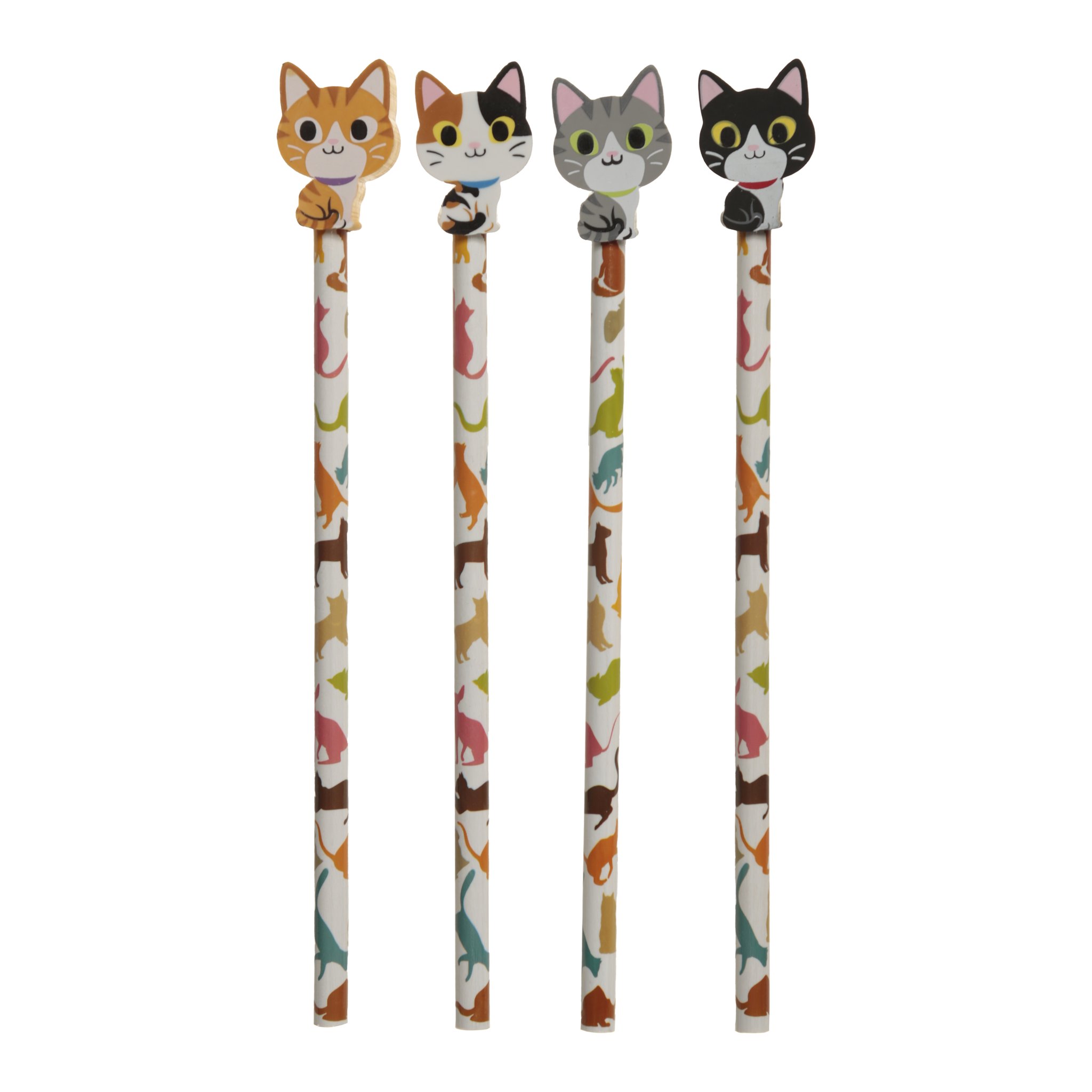 Quatre crayons a tetes de chat et corps a motifs
