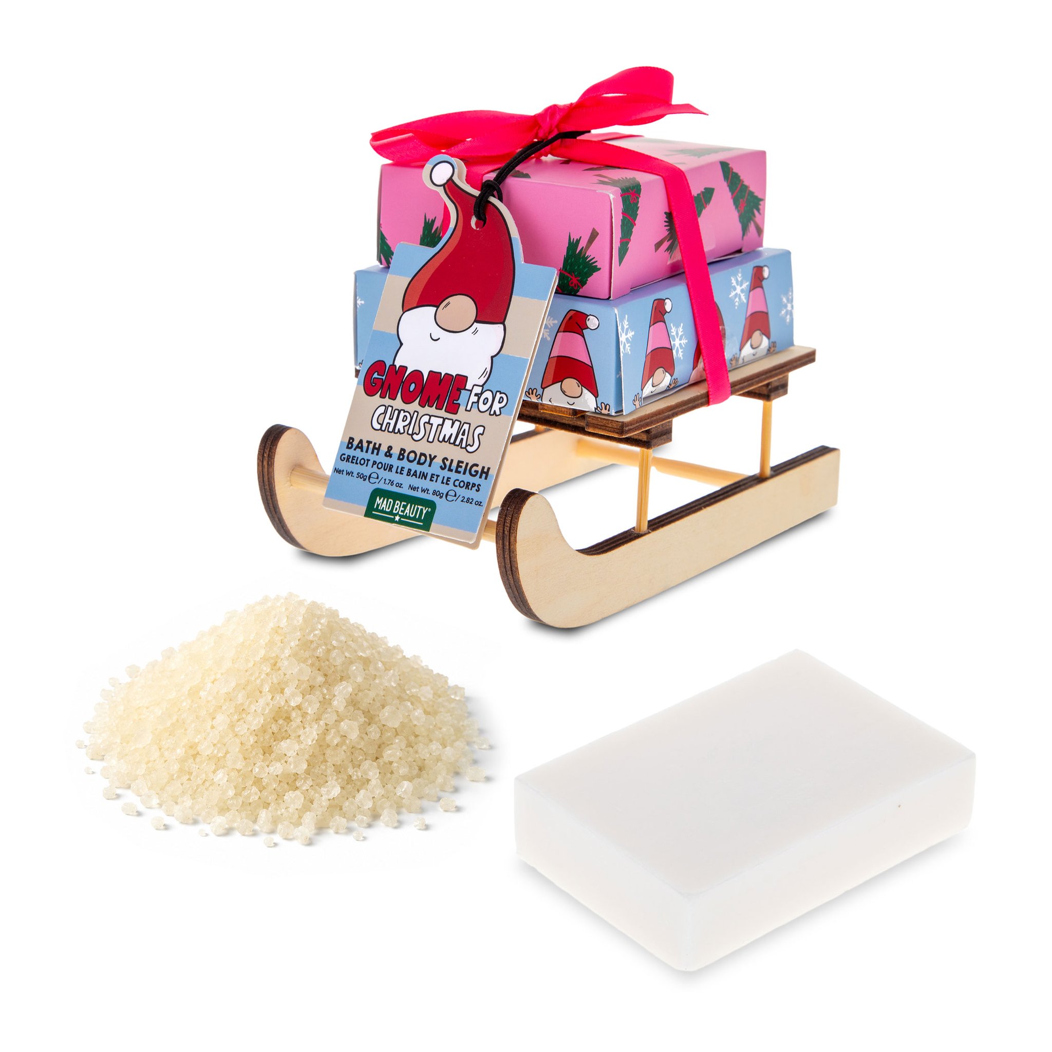 Schlitten-Set mit Badesalz und Seife im Vordergrund
