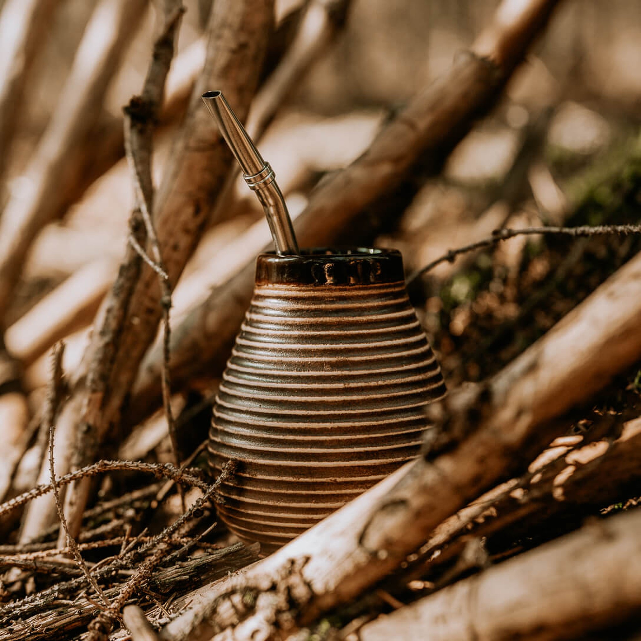 Caámate ceramic mate cup in a nature setting surrounded by leaves and moss