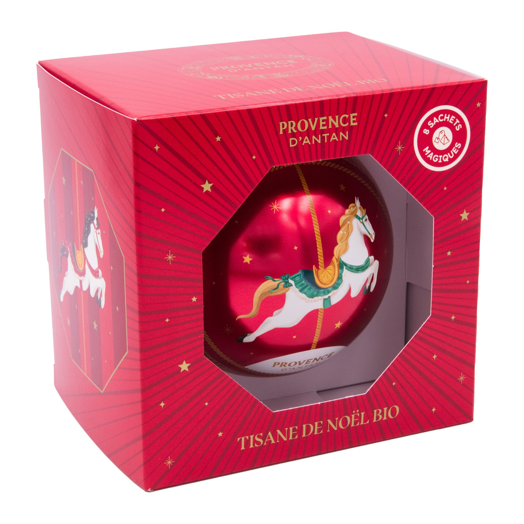 Le coffret vu de trois quarts droite, des chevaux blancs courent sur le carton rouge.