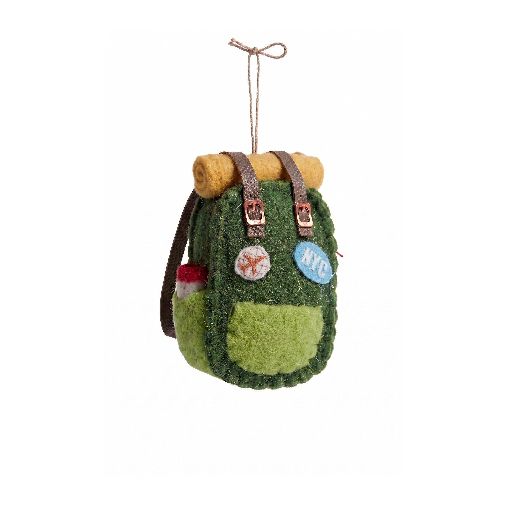 Christbaumschmuck Rucksack aus grüner Wolle mit Schlafsackrolle, Riemen und NYC-Aufnäher