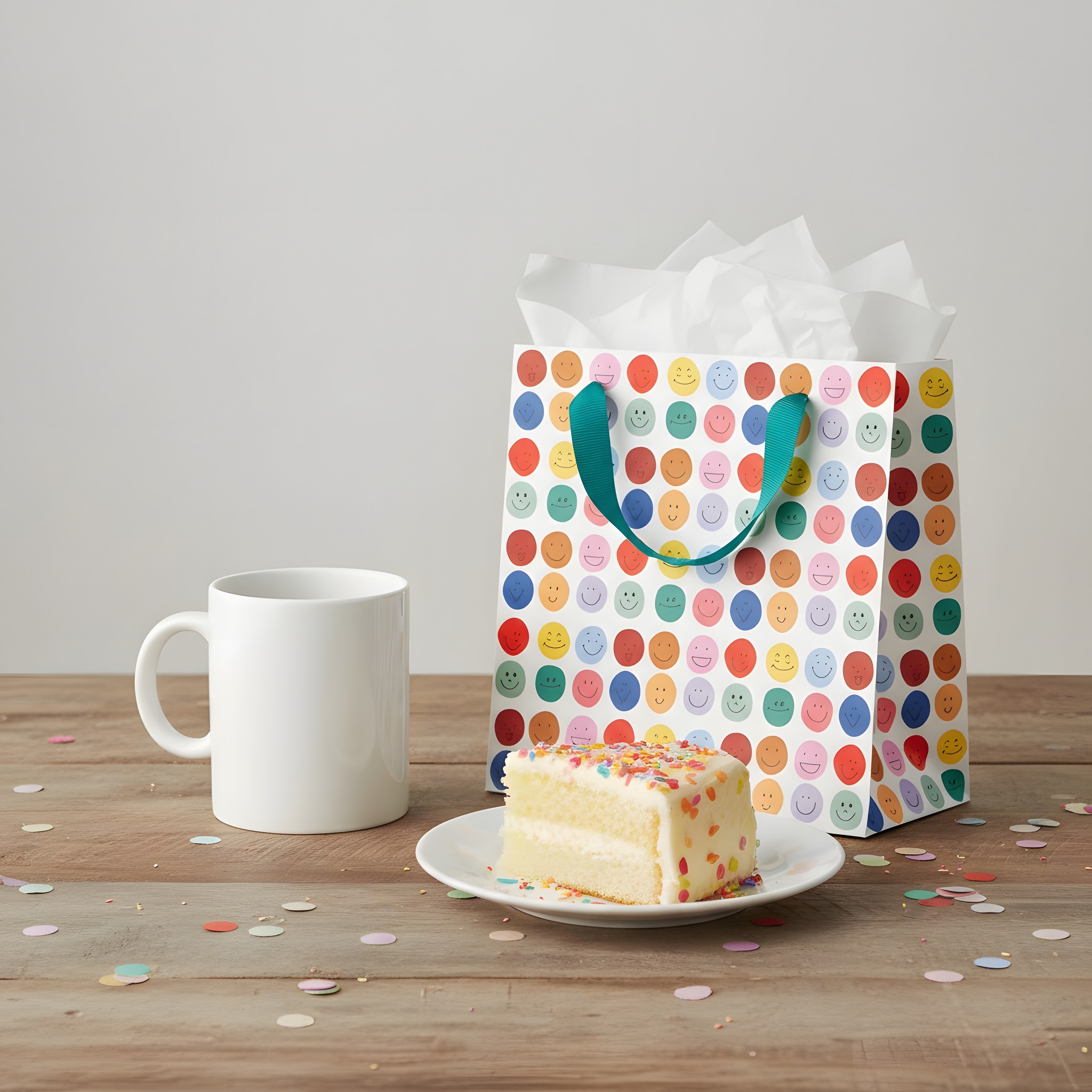 Busta regalo piccola con smiley colorati di Ohh Deer con carta velina e tazza su un tavolo di compleanno con torta e coriandoli