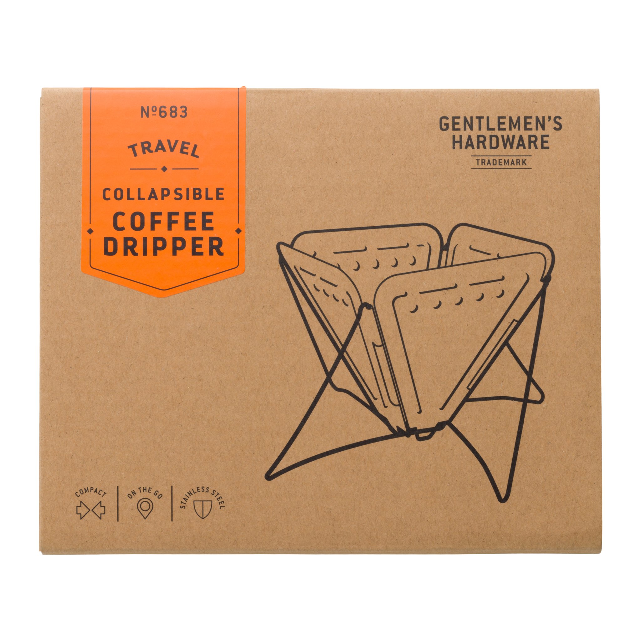 Scatola di cartone marrone del gocciolatore per caffè portatile, con fascia arancione e disegno del prodotto