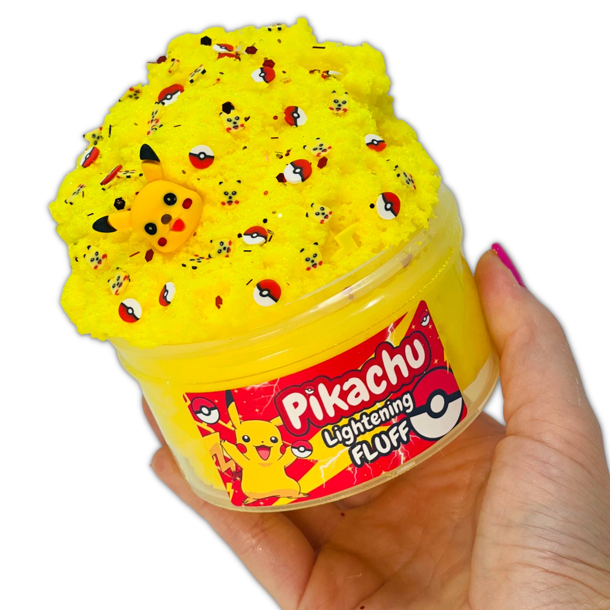 Hand hält die Dose mit Pikachu Lightning Fluff Cloud-Slime