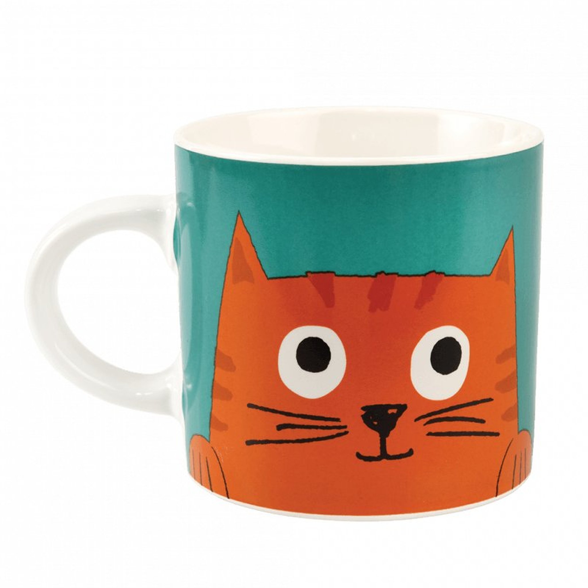 Die Tasse Chester mit oranger Katze auf Türkis, freigestellt